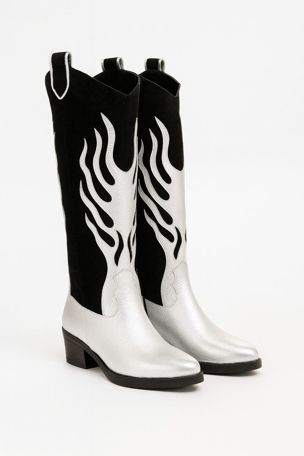 Fire Hakiki Deri Kovboy Çizme Gümüş - Cowboy Çizme