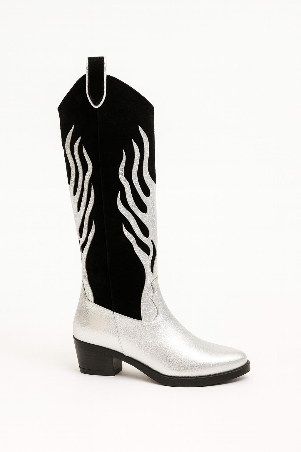 Fire Hakiki Deri Kovboy Çizme Gümüş - Cowboy Çizme