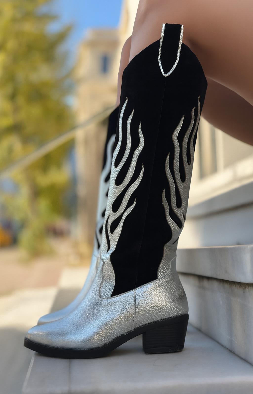 Fire Hakiki Deri Kovboy Çizme Gümüş - Cowboy Çizme