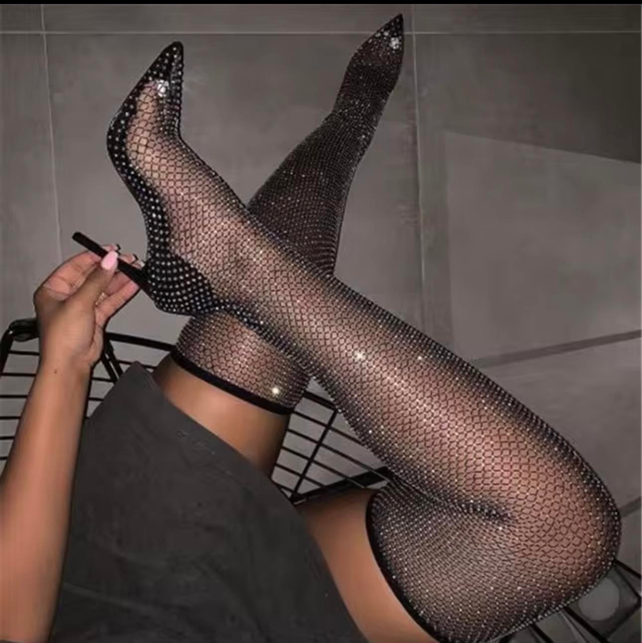 Fishnet Fileli Uzun Çizme Siyah Demet Akalın - ÇİZME