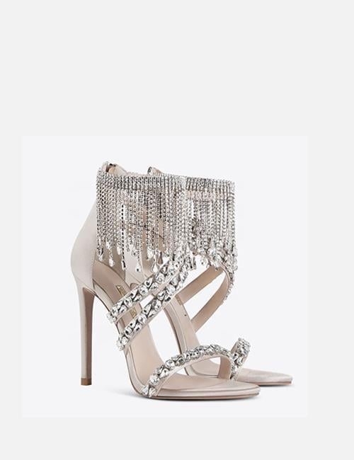 Fiv Kristal Taşlı Topuklu Ayakkabı Beyaz - WOMAN SHOES