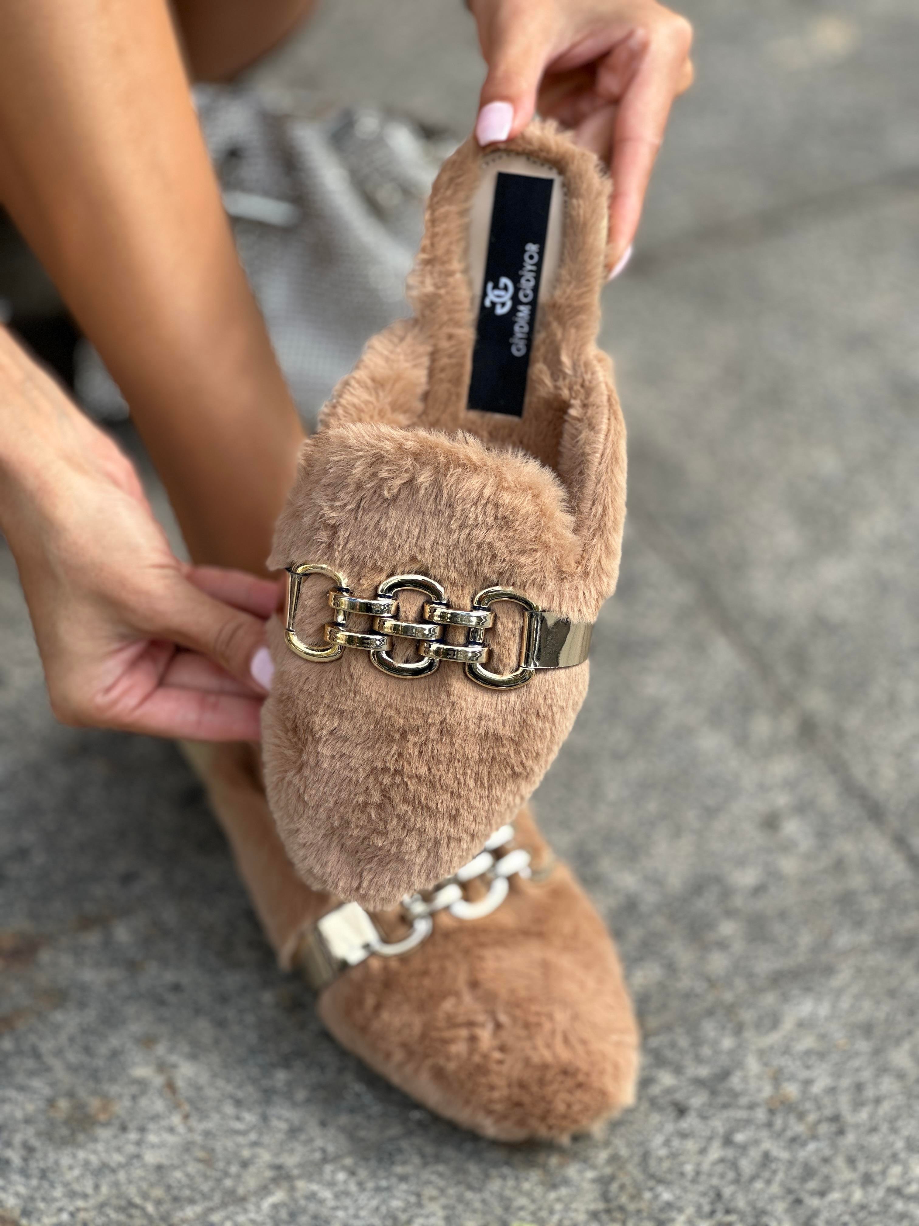 Forte Tüylü Terlik Kahverengi - WOMAN SHOES