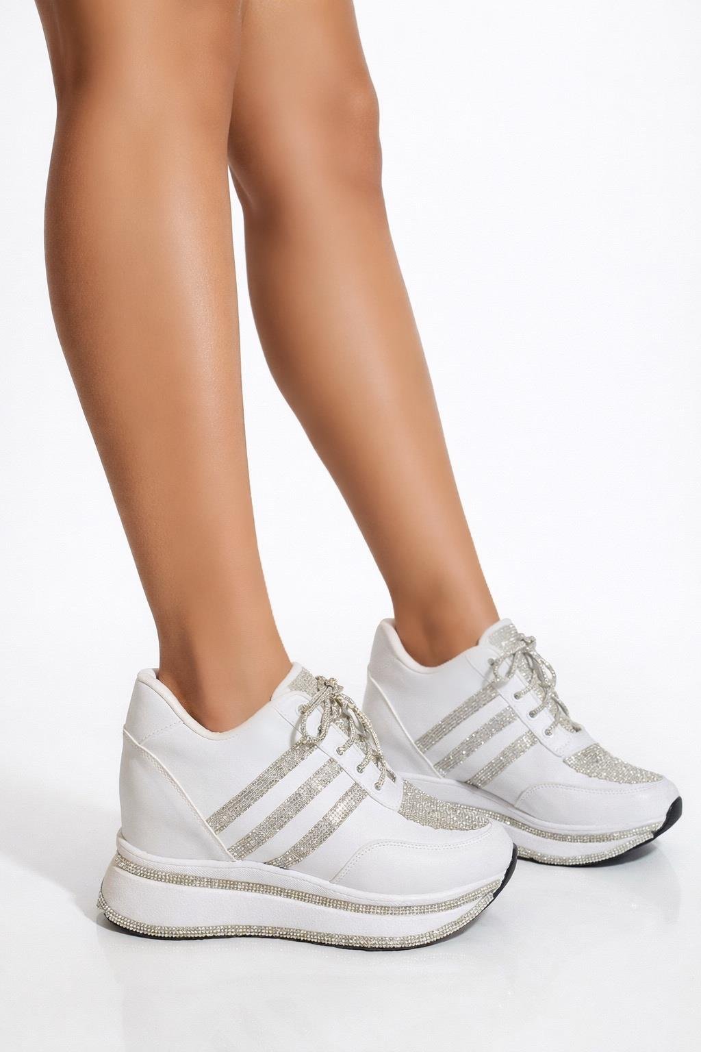 Geny Kristal Taşlı Gizli Topuklu Spor Ayakkabı Beyaz - Spor Ayakkabı
