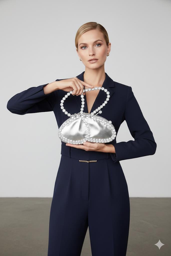 Gia Kristal Taşlı Çanta Gümüş - Abiye Çanta