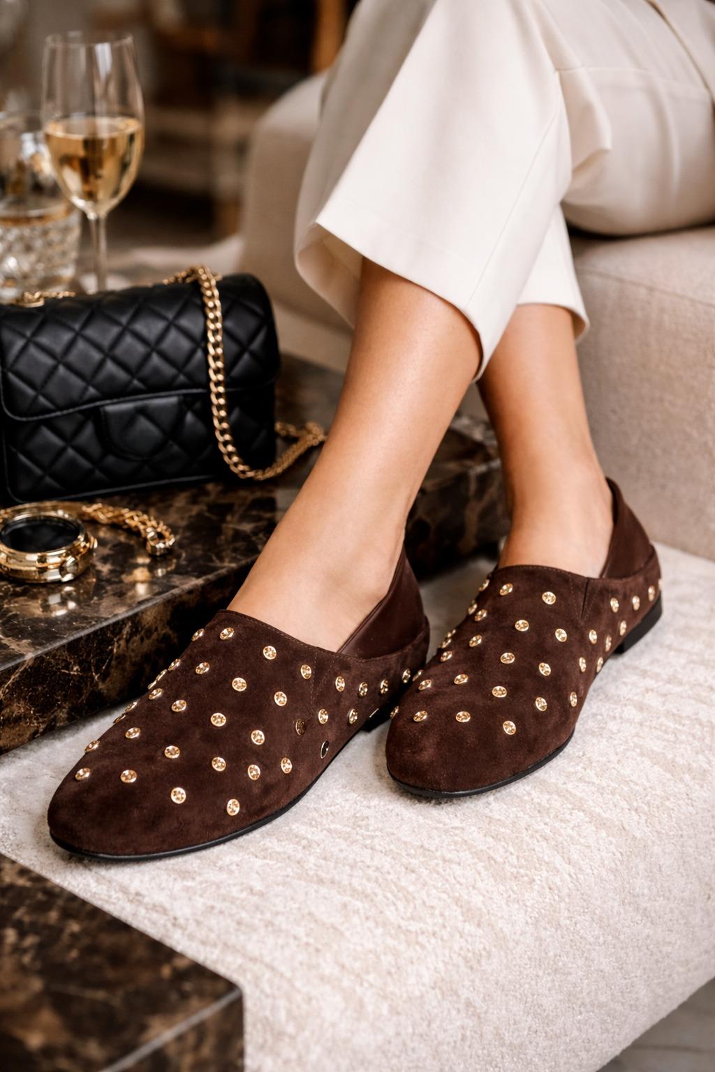 Gold Stud Süet Babet Kahverengi - Düz Babet