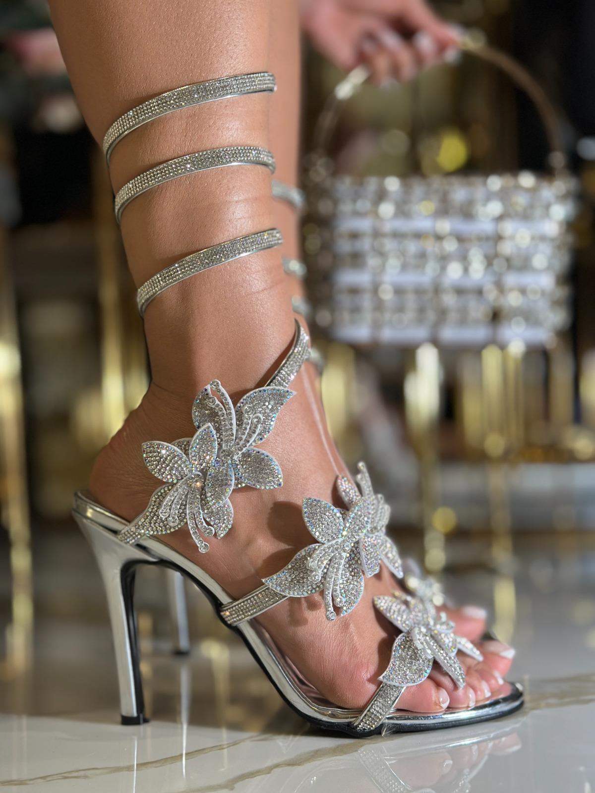 Gupse Kristal Taşlı Özel Tasarım Topuklu Ayakkabı Gümüş - WOMAN SHOES