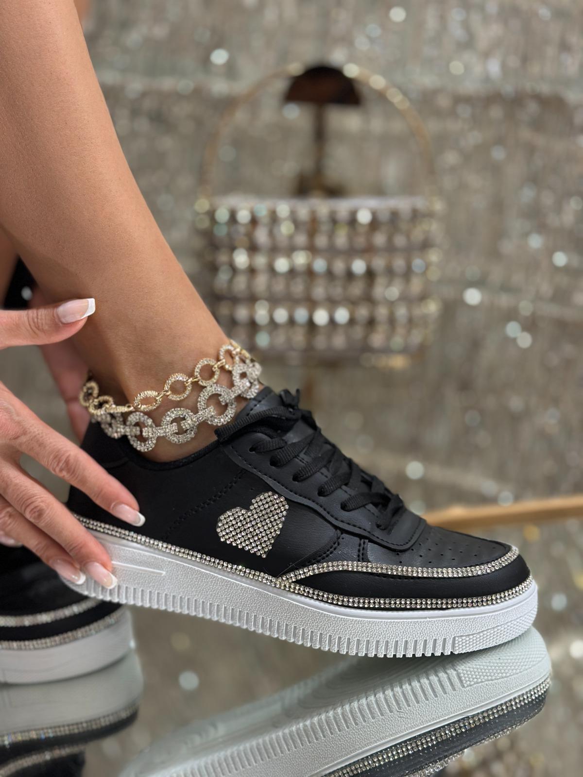 Heart Plus Kristal Taşlı Spor Ayakkabı Siyah - WOMAN SHOES