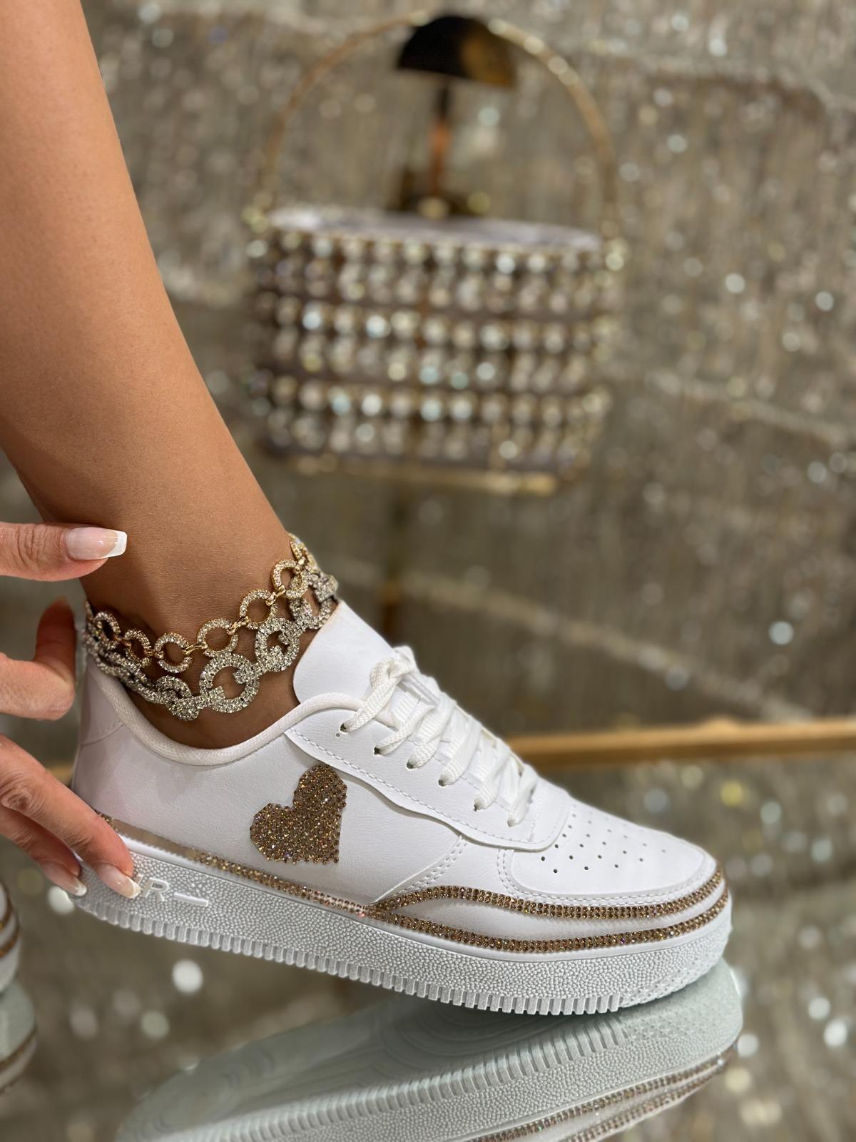 Heart Plus Kristal Taşlı Spor Ayakkabı Beyaz - WOMAN SHOES