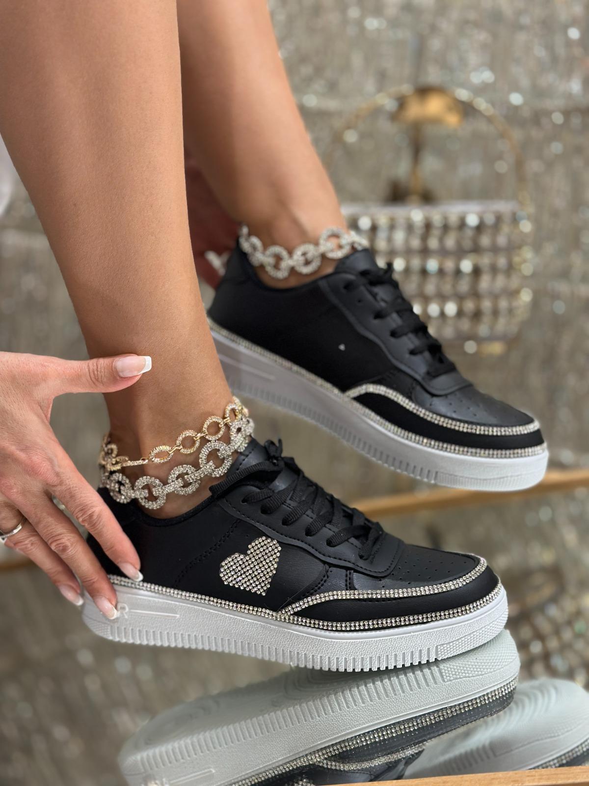 Heart Plus Kristal Taşlı Spor Ayakkabı Siyah - WOMAN SHOES