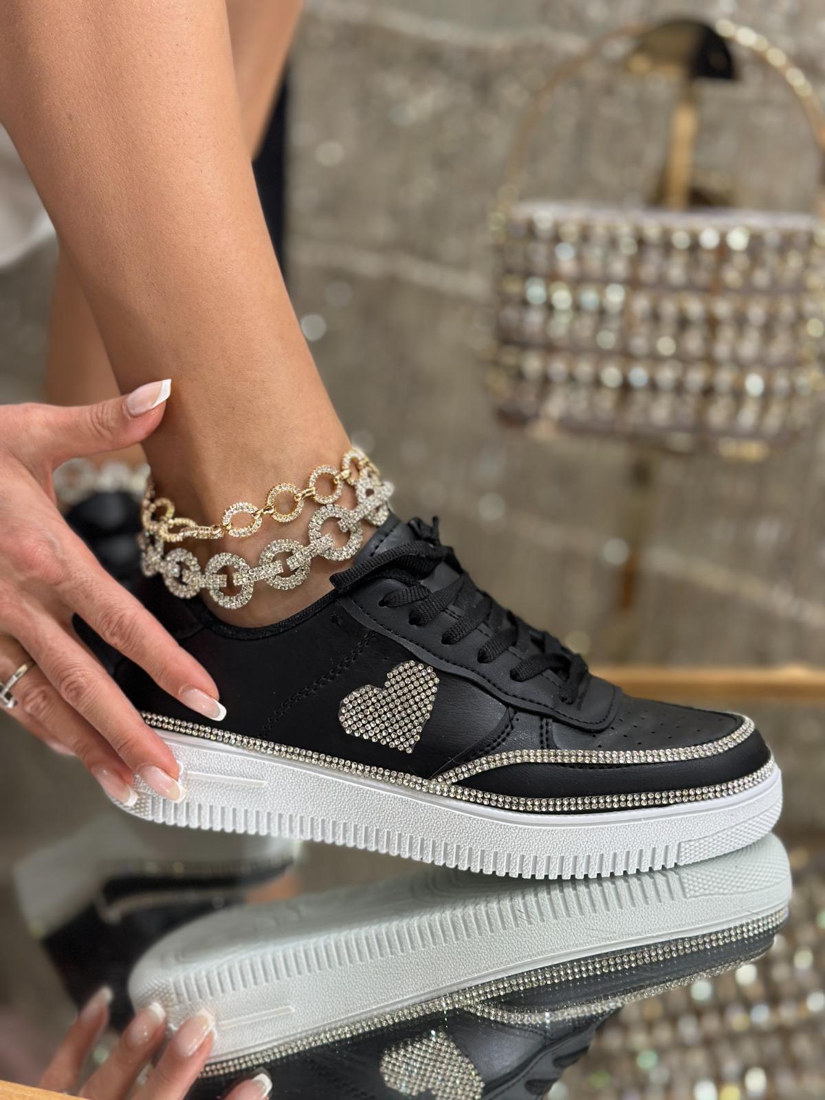 Heart Plus Kristal Taşlı Spor Ayakkabı Siyah - WOMAN SHOES