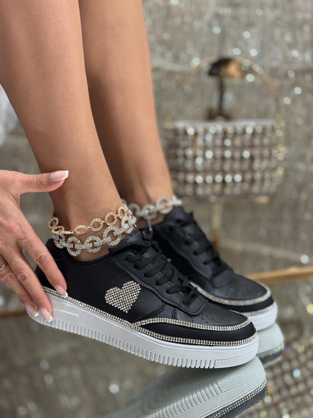 Heart Plus Kristal Taşlı Spor Ayakkabı Siyah - WOMAN SHOES