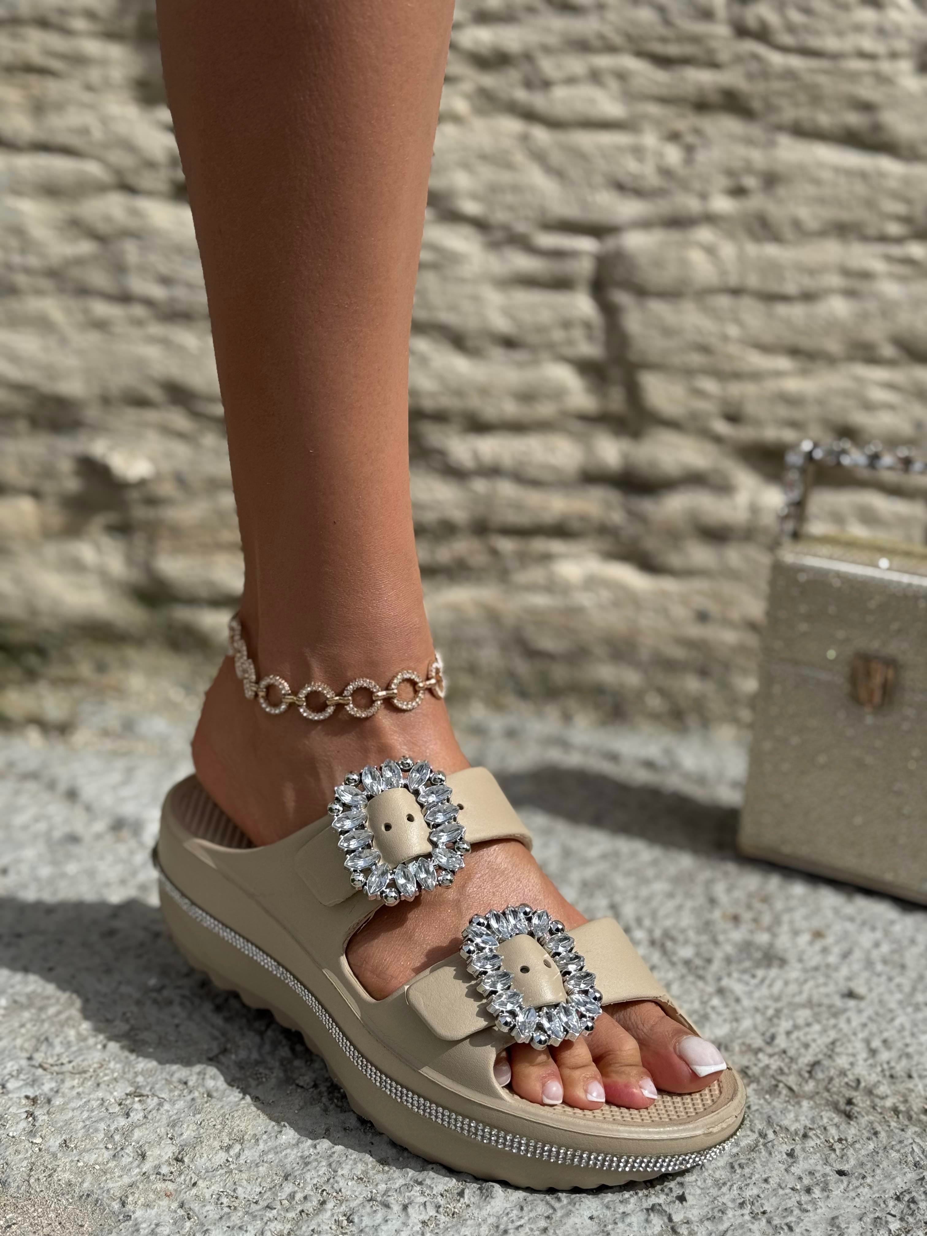 Highland Kristal Taşlı Terlik Bej - WOMAN SHOES