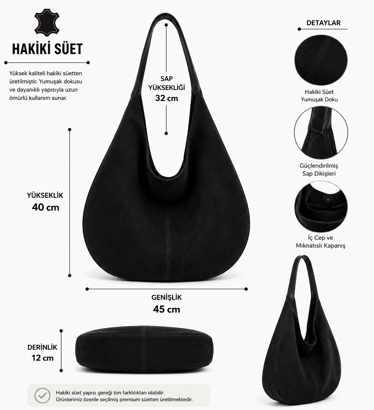 Hobo Hakiki Süet Çanta Siyah - Çanta