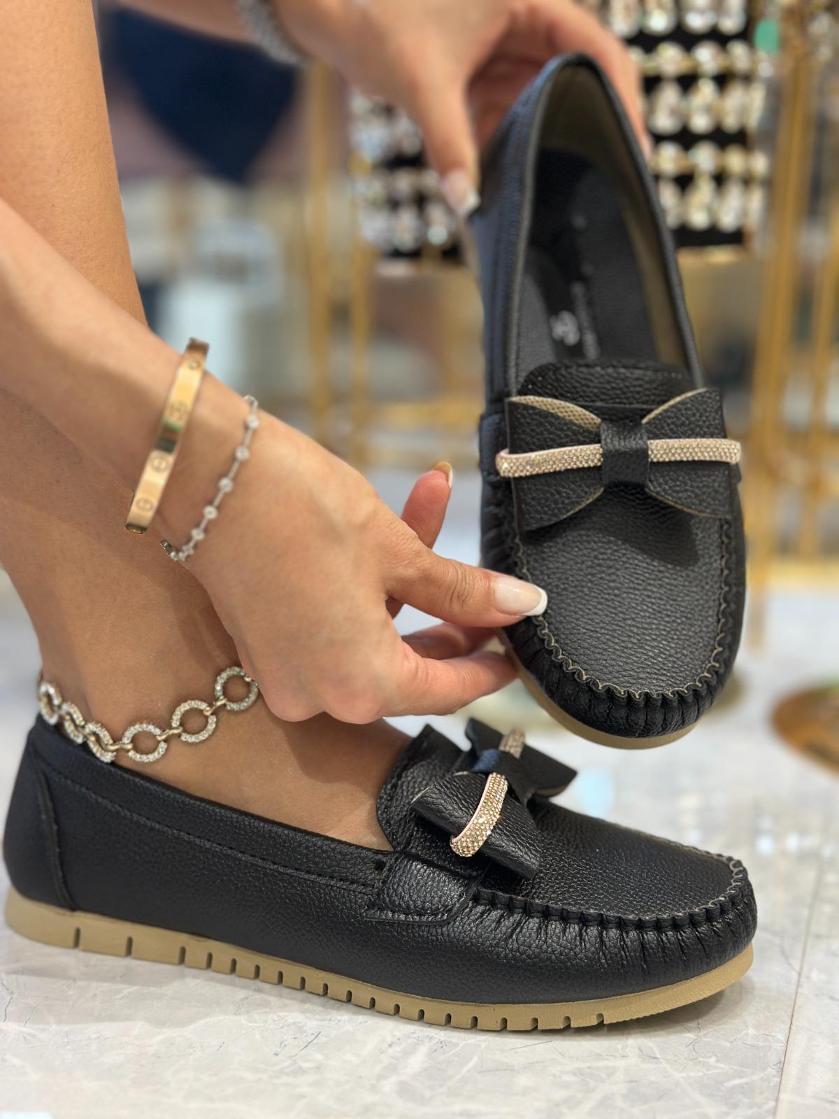 Hufy Kristal Taşlı Babet Siyah - WOMAN SHOES