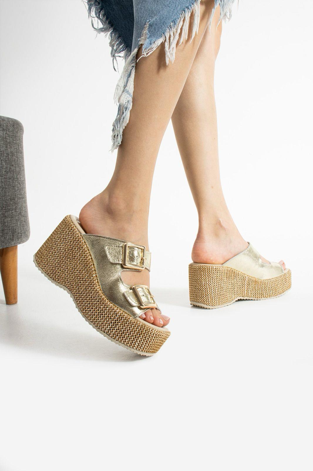 Istani Hasır Dolgu Topuk Deri Terlik Gold - WOMAN SHOES