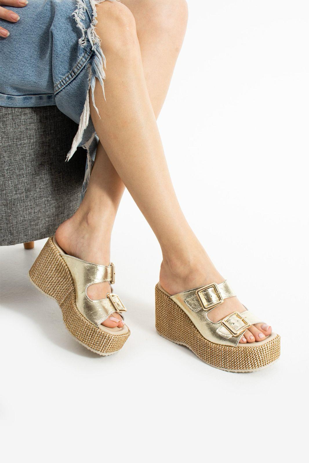 Istani Hasır Dolgu Topuk Deri Terlik Gold - WOMAN SHOES