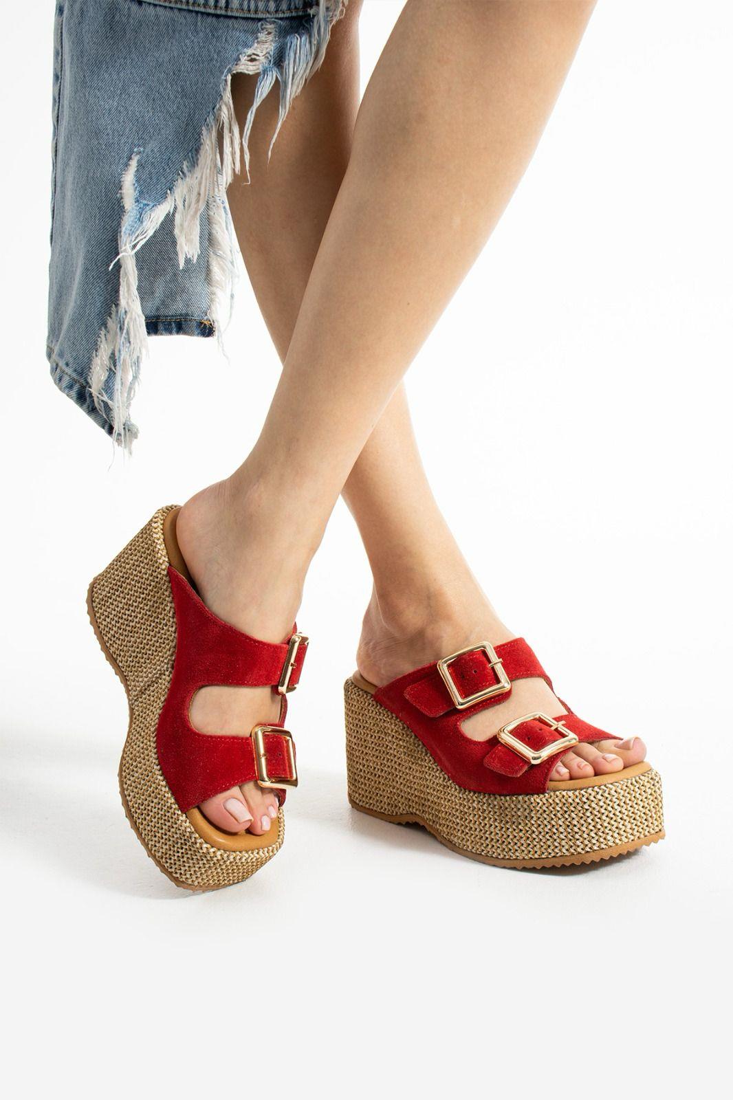 Istani Hasır Dolgu Topuk Süet Deri Terlik Kırmızı - WOMAN SHOES