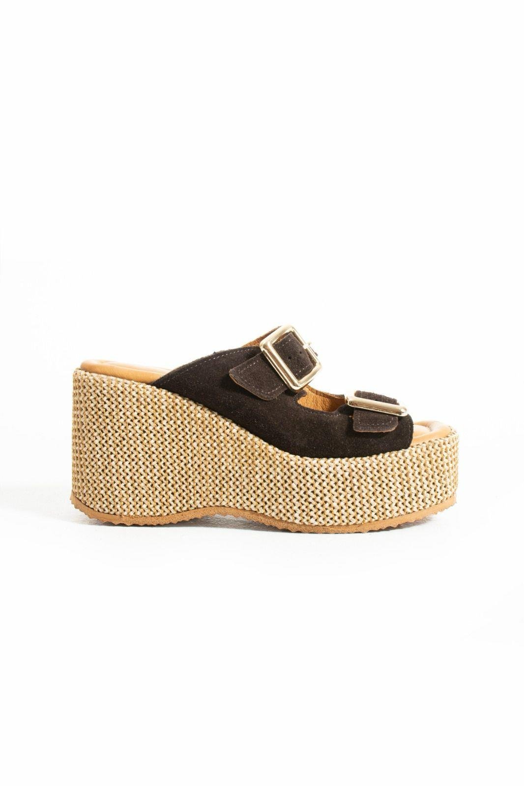 Istani Hasır Dolgu Topuk Süet Deri Terlik Koyu Kahve - WOMAN SHOES