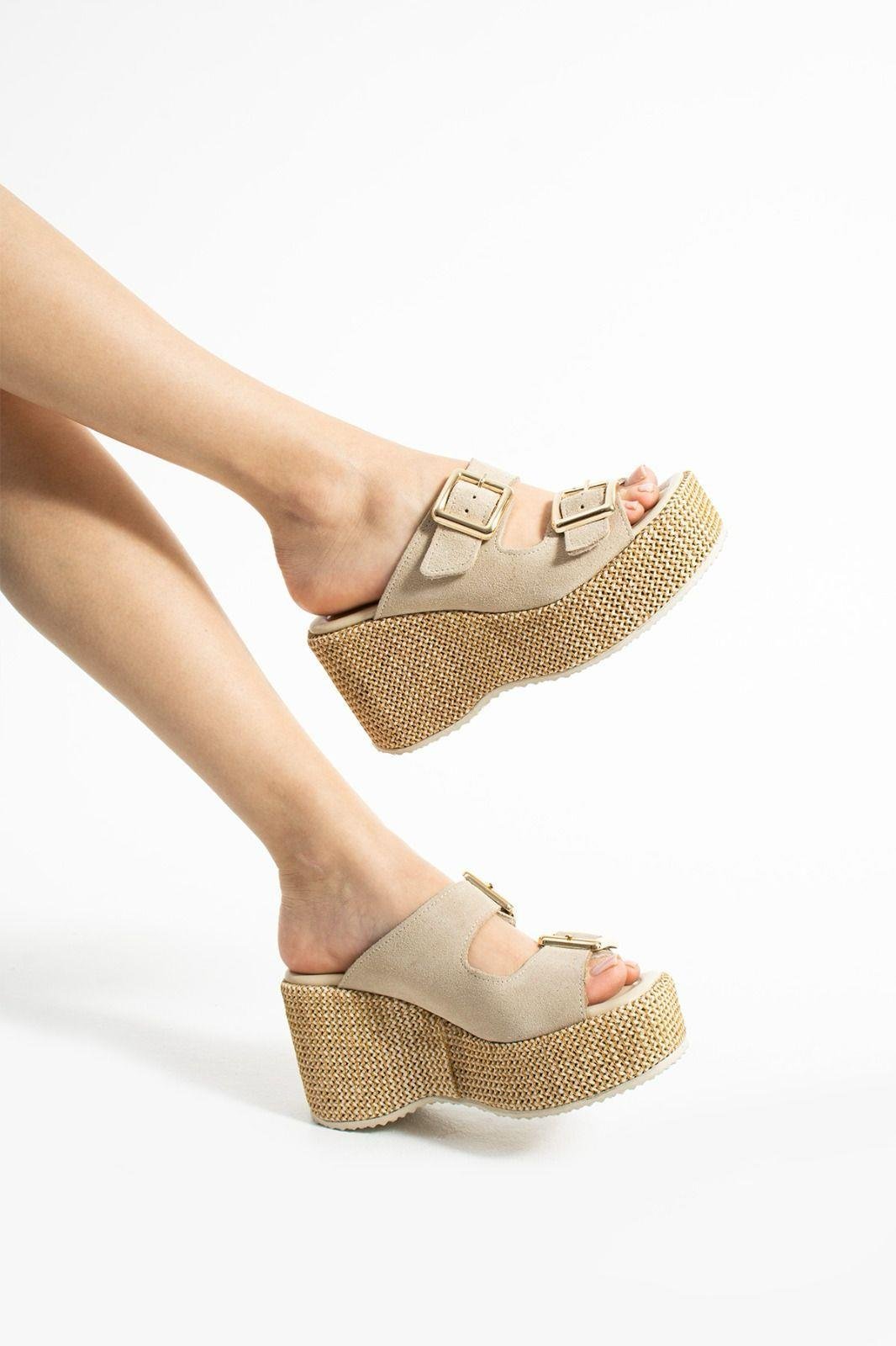 Istani Hasır Dolgu Topuk Süet Deri Terlik Bej - WOMAN SHOES