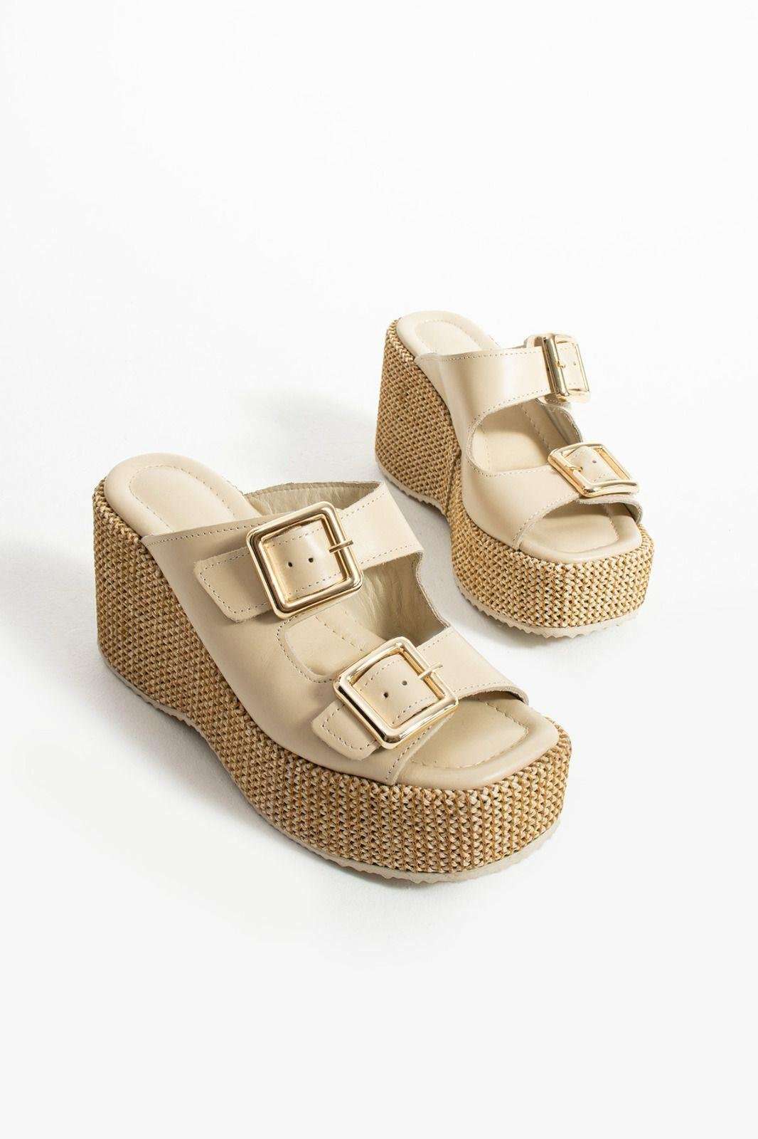 Istani Hasır Dolgu Topuk Süet Deri Terlik Bej - WOMAN SHOES