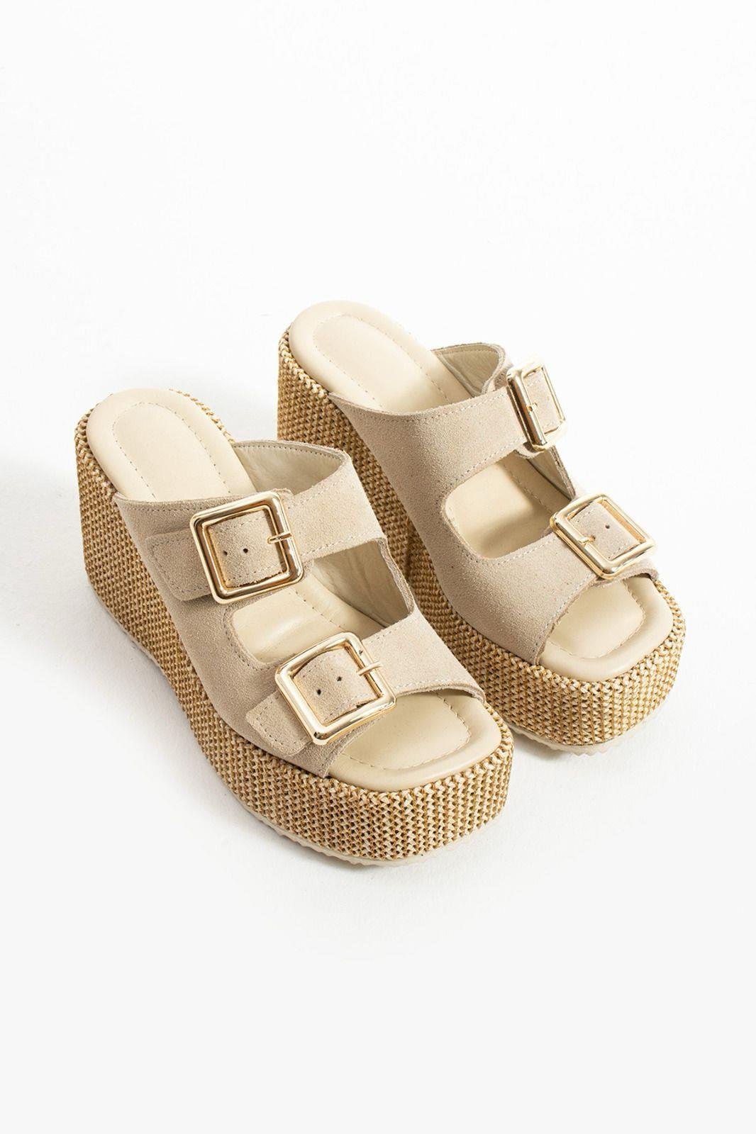 Istani Hasır Dolgu Topuk Süet Deri Terlik Bej - WOMAN SHOES