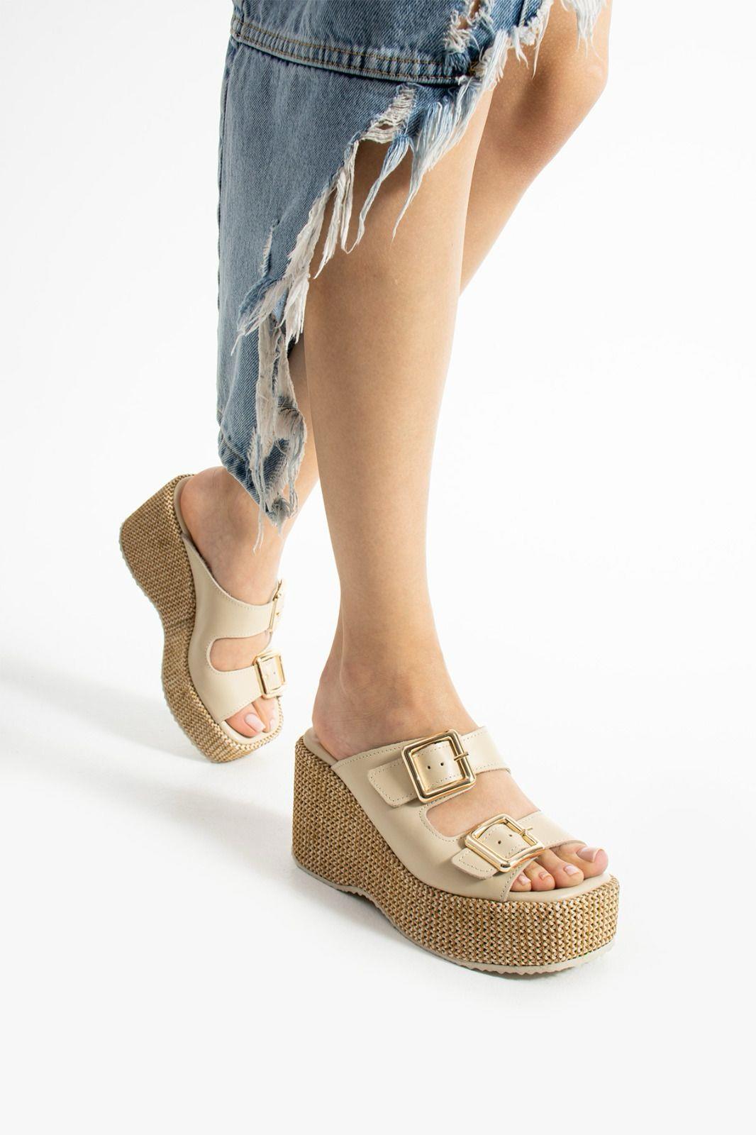 Istani Hasır Dolgu Topuk Süet Deri Terlik Bej - WOMAN SHOES