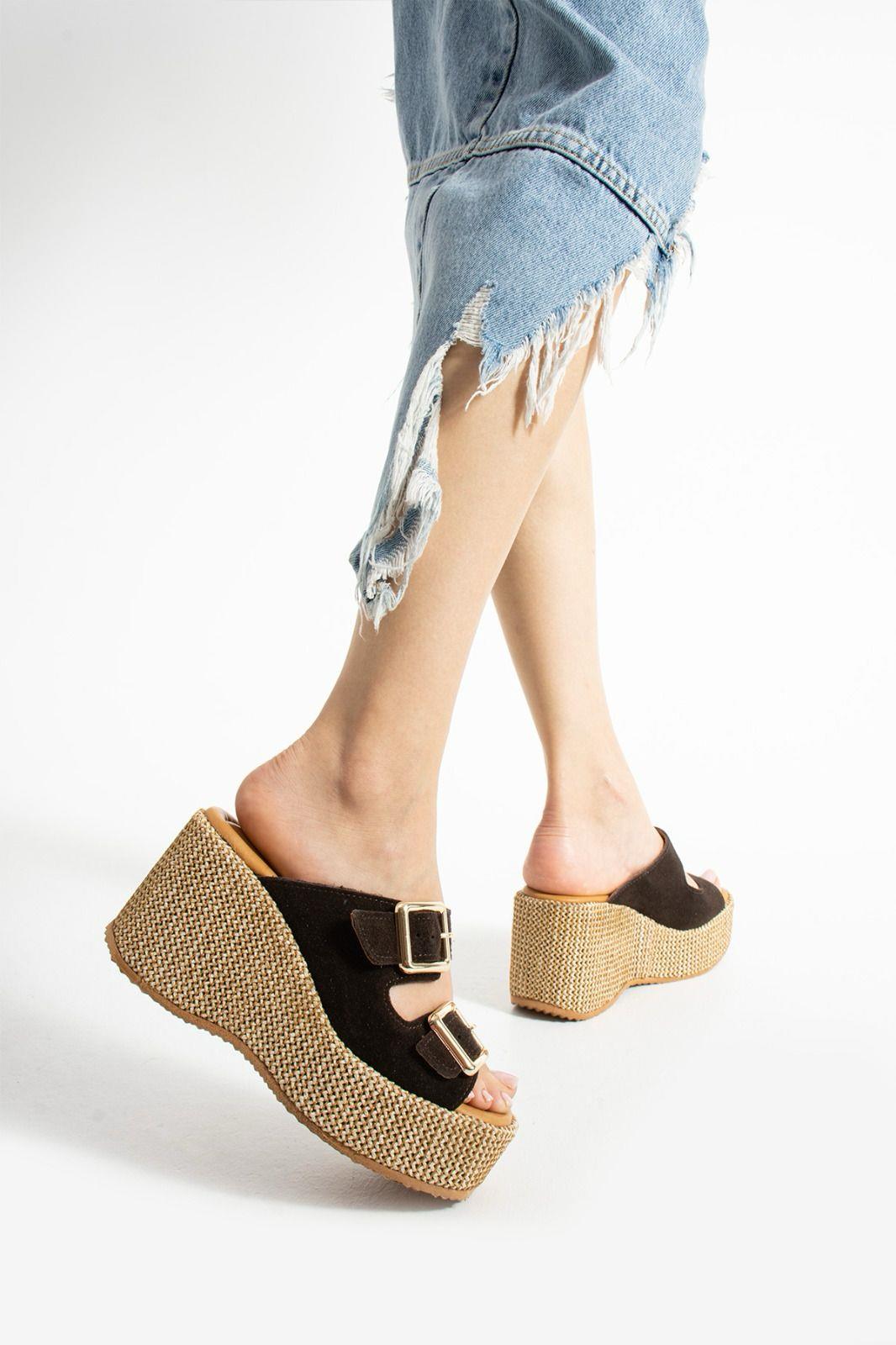 Istani Hasır Dolgu Topuk Süet Deri Terlik Koyu Kahve - WOMAN SHOES