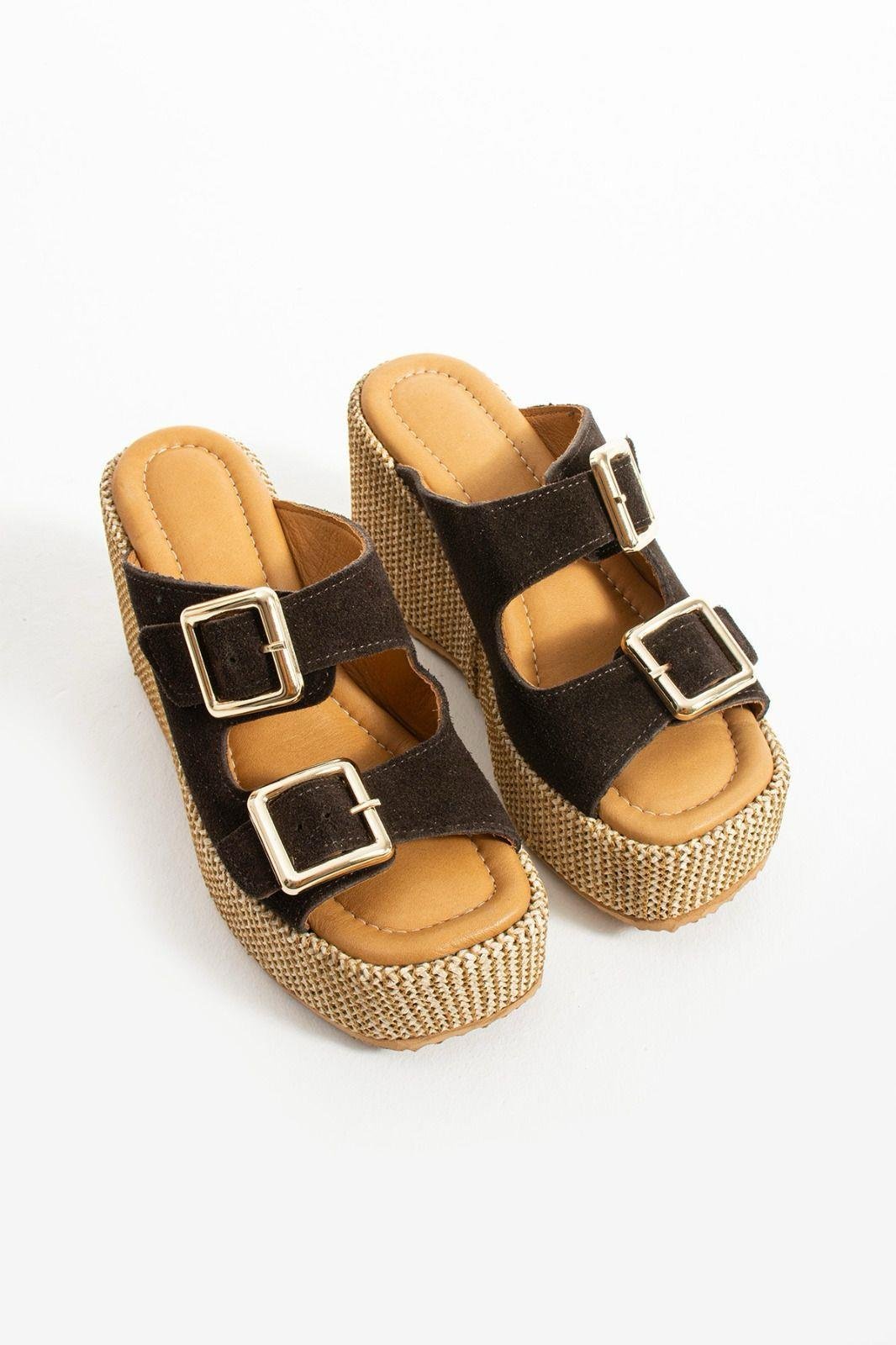 Istani Hasır Dolgu Topuk Süet Deri Terlik Koyu Kahve - WOMAN SHOES