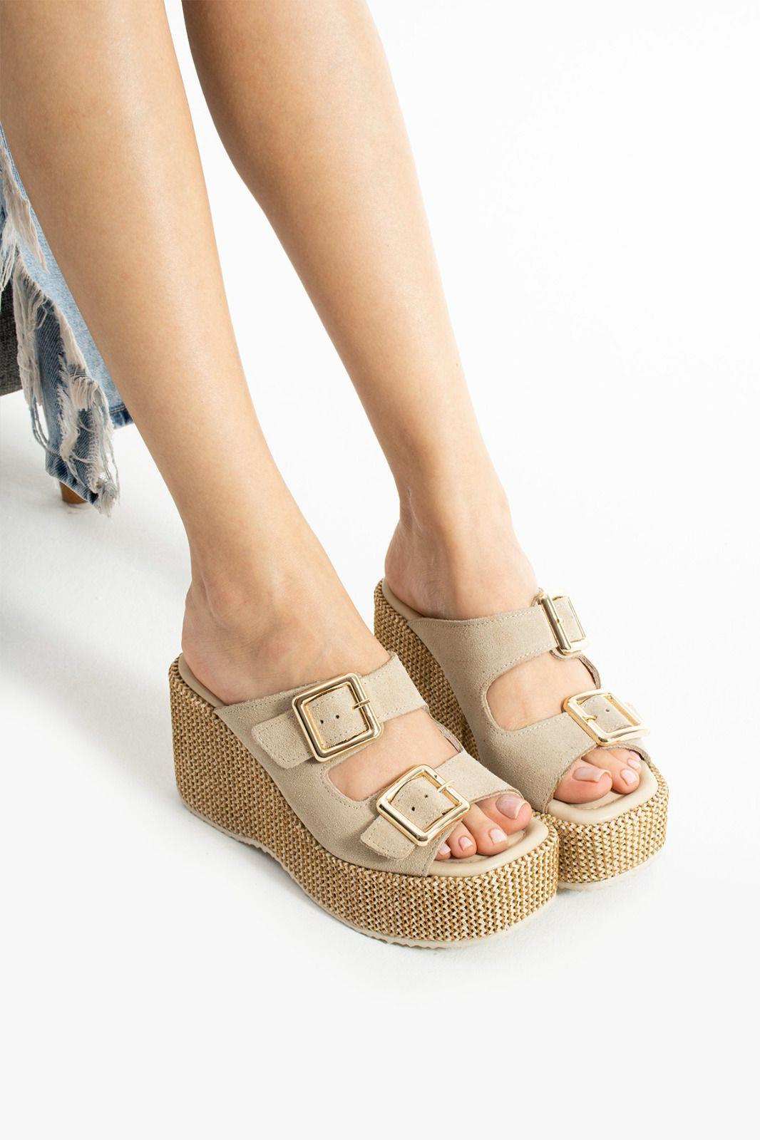 Istani Hasır Dolgu Topuk Süet Deri Terlik Bej - WOMAN SHOES