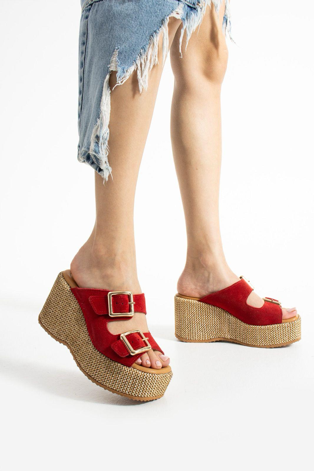 Istani Hasır Dolgu Topuk Süet Deri Terlik Kırmızı - WOMAN SHOES