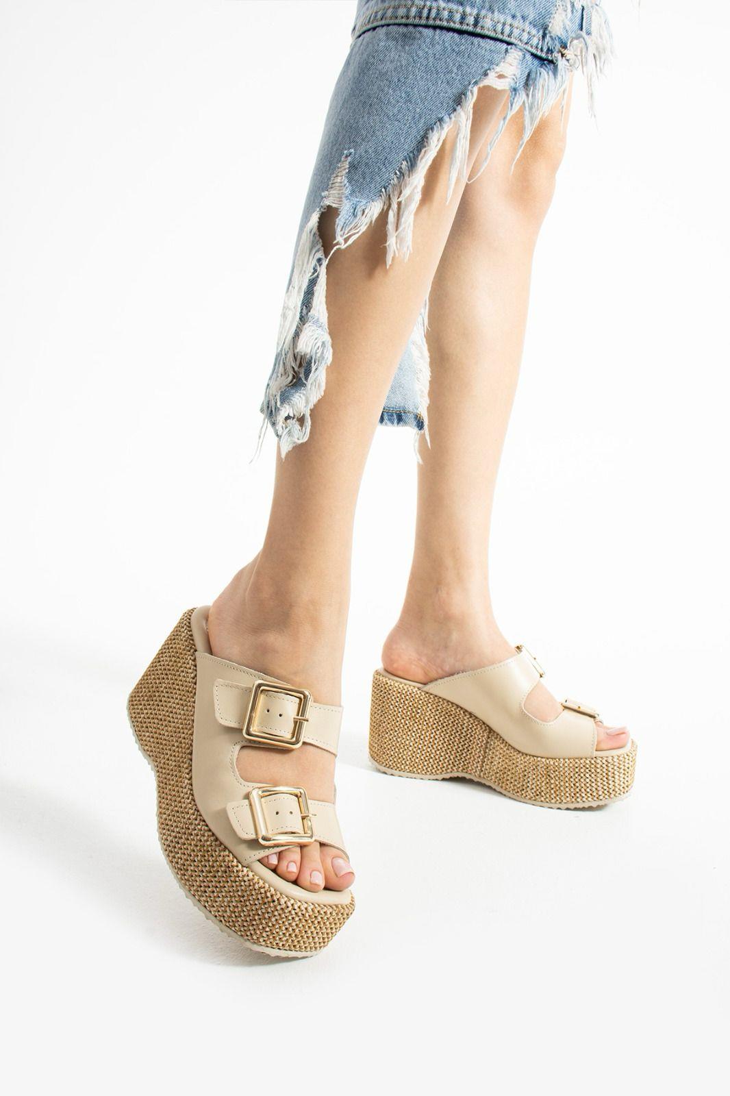 Istani Hasır Dolgu Topuk Süet Deri Terlik Bej - WOMAN SHOES