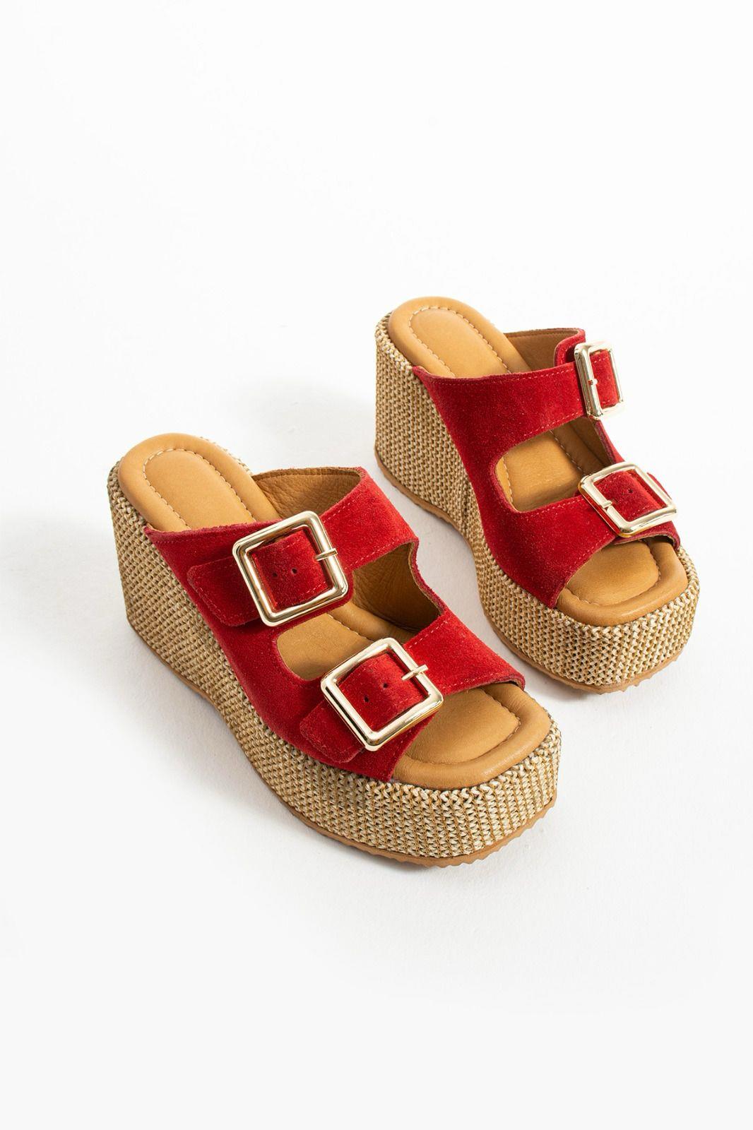 Istani Hasır Dolgu Topuk Süet Deri Terlik Kırmızı - WOMAN SHOES