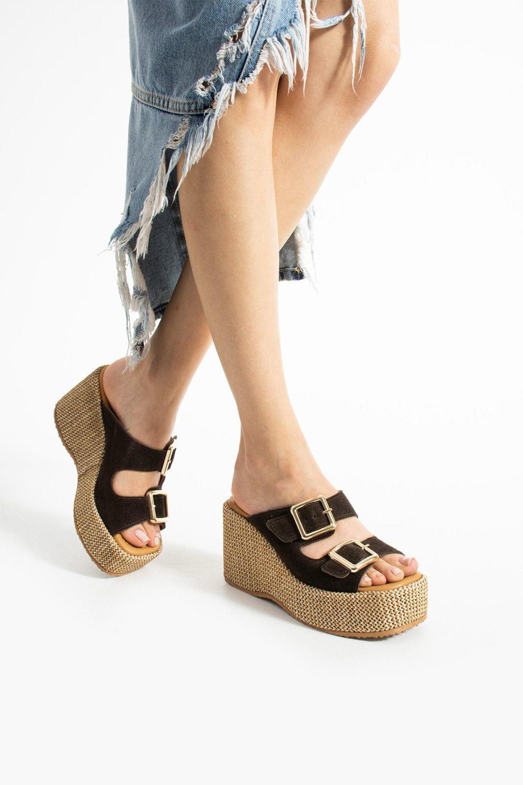 Istani Hasır Dolgu Topuk Süet Deri Terlik Koyu Kahve - WOMAN SHOES