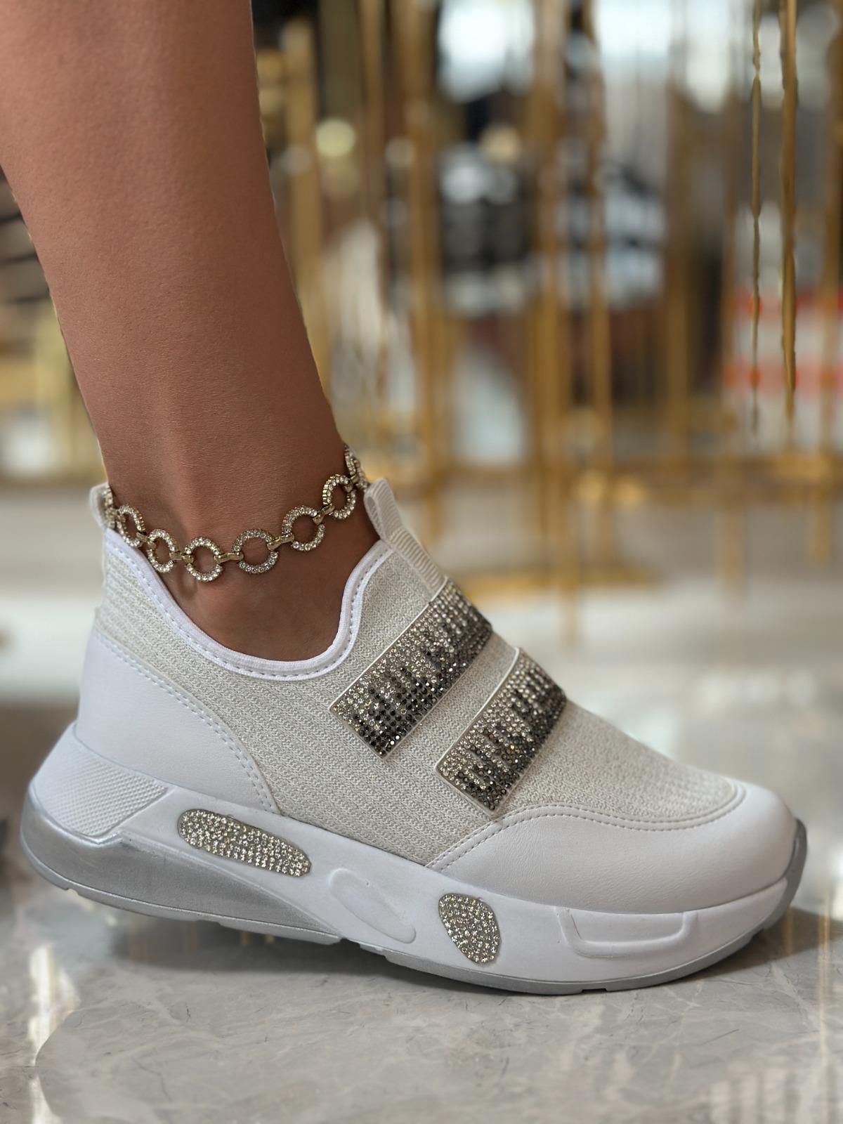 Iveko Kristal Taşlı Triko Spor Ayakkabı Beyaz - WOMAN SHOES