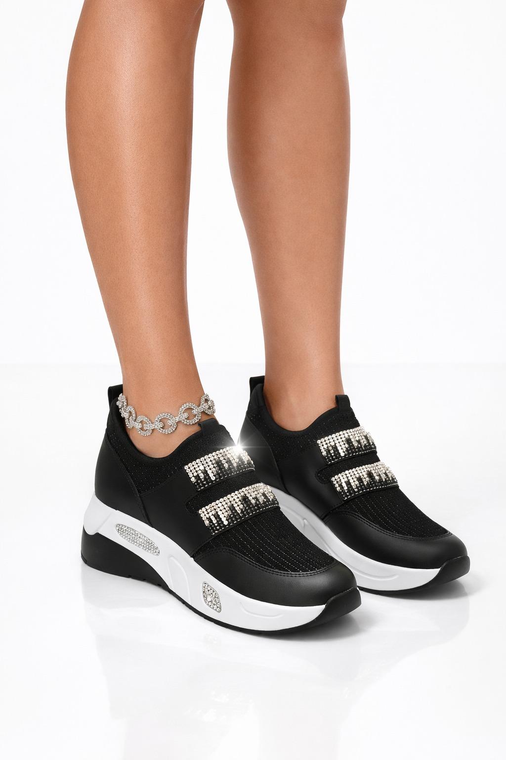 Iveko Kristal Taşlı Triko Spor Ayakkabı Siyah - Spor Ayakkabı