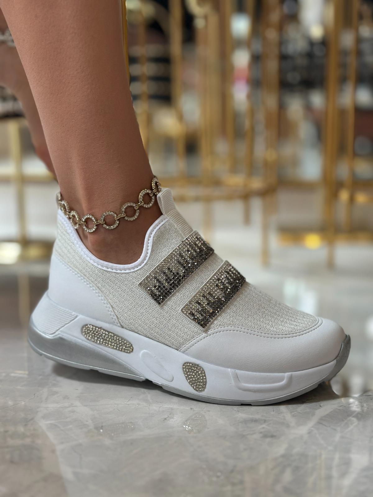 Iveko Kristal Taşlı Triko Spor Ayakkabı Beyaz - WOMAN SHOES