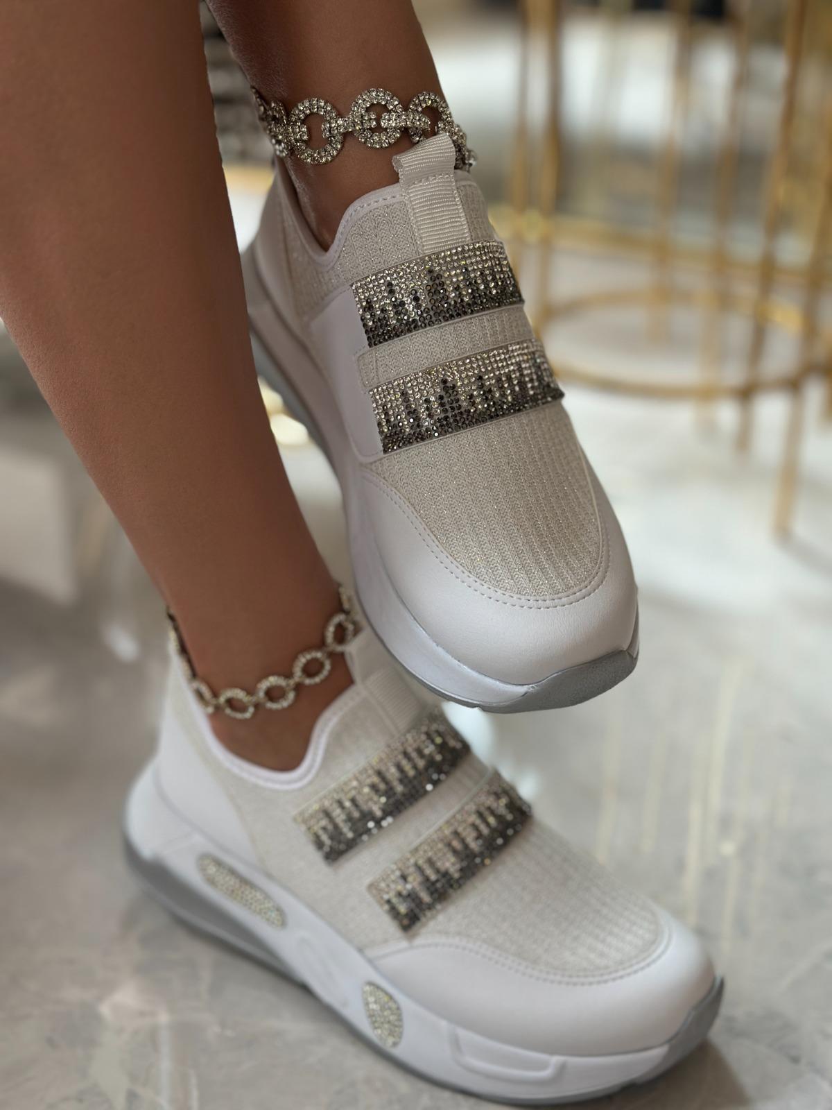 Iveko Kristal Taşlı Triko Spor Ayakkabı Beyaz - WOMAN SHOES