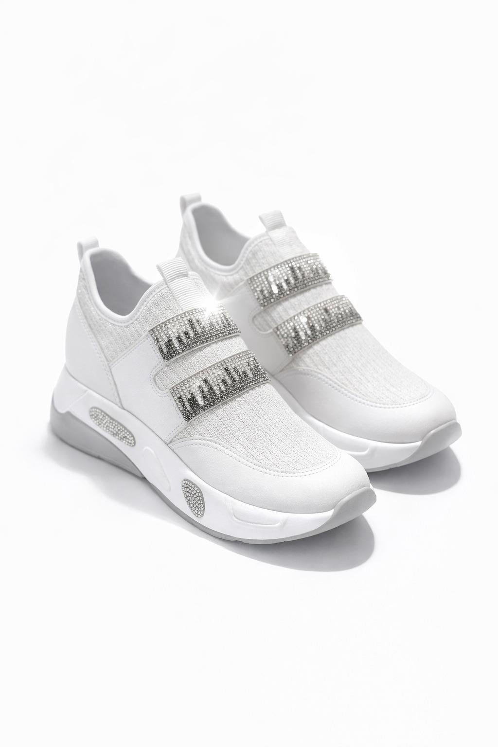 Iveko Kristal Taşlı Triko Spor Ayakkabı Beyaz - Spor Ayakkabı