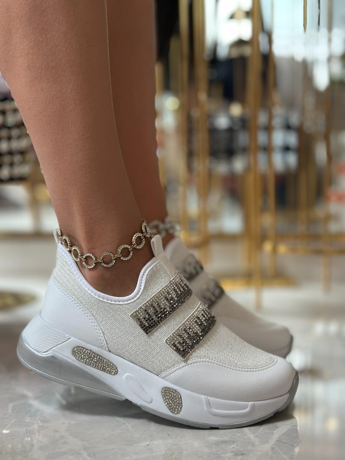 Iveko Kristal Taşlı Triko Spor Ayakkabı Beyaz - WOMAN SHOES