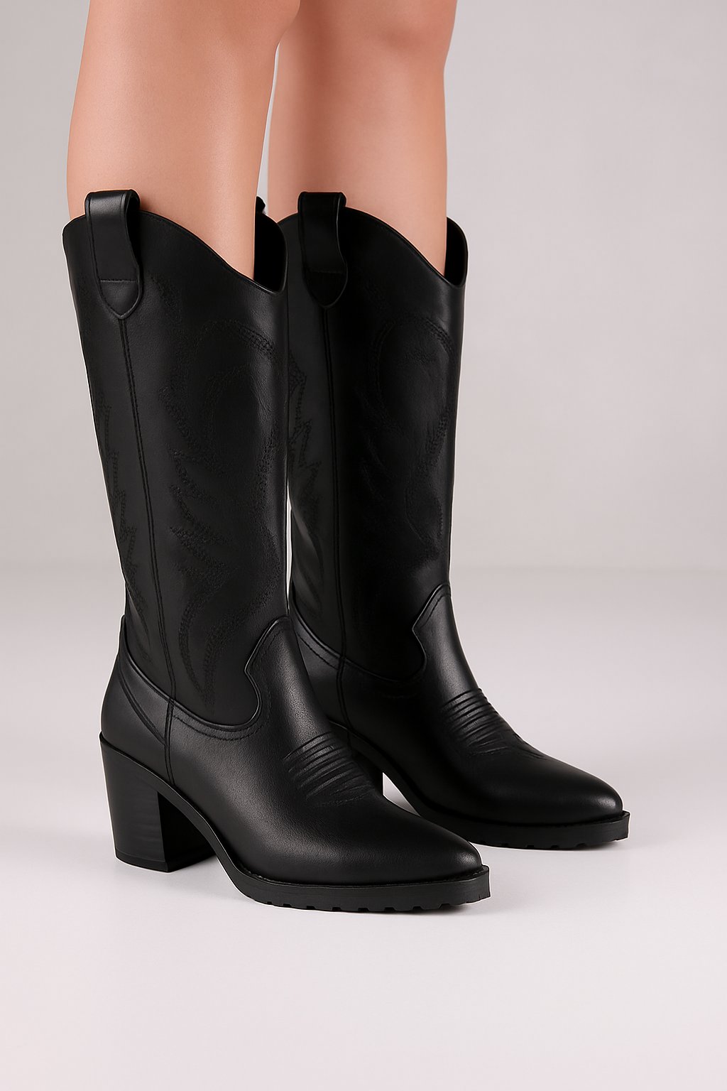 Ives Black Patterned Cowboy Long Boot Black - Cowboy Çizme