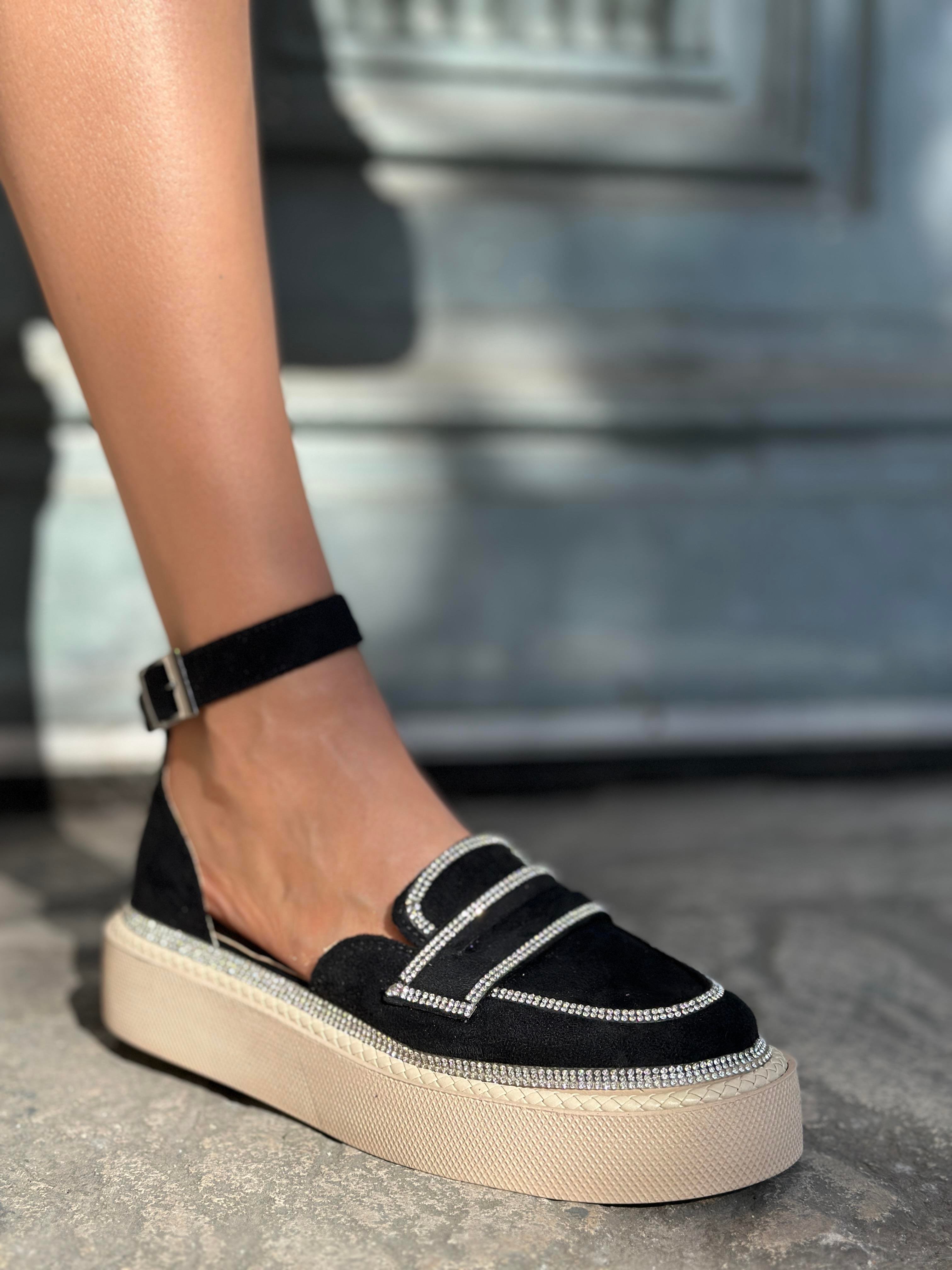 Jaz Kristal Taşlı Özel Tasarım Süet Loafer Siyah - WOMAN SHOES