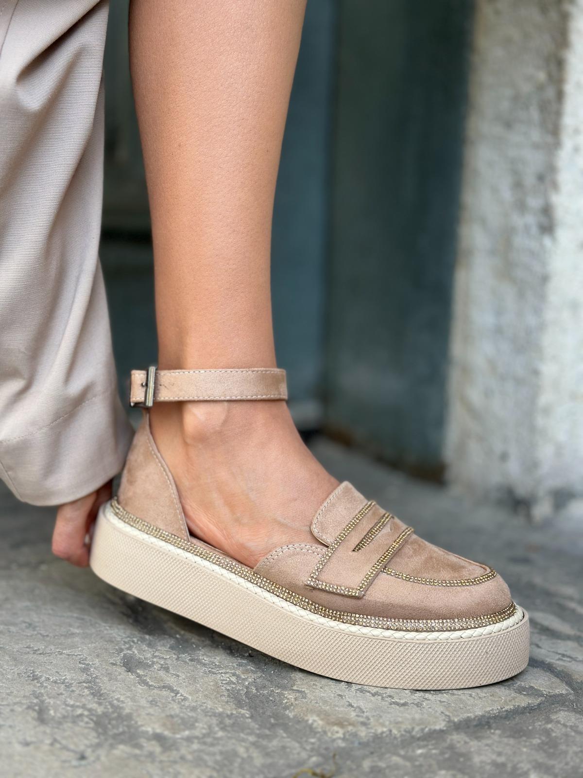 Jaz Kristal Taşlı Özel Tasarım Süet Loafer Bej - WOMAN SHOES