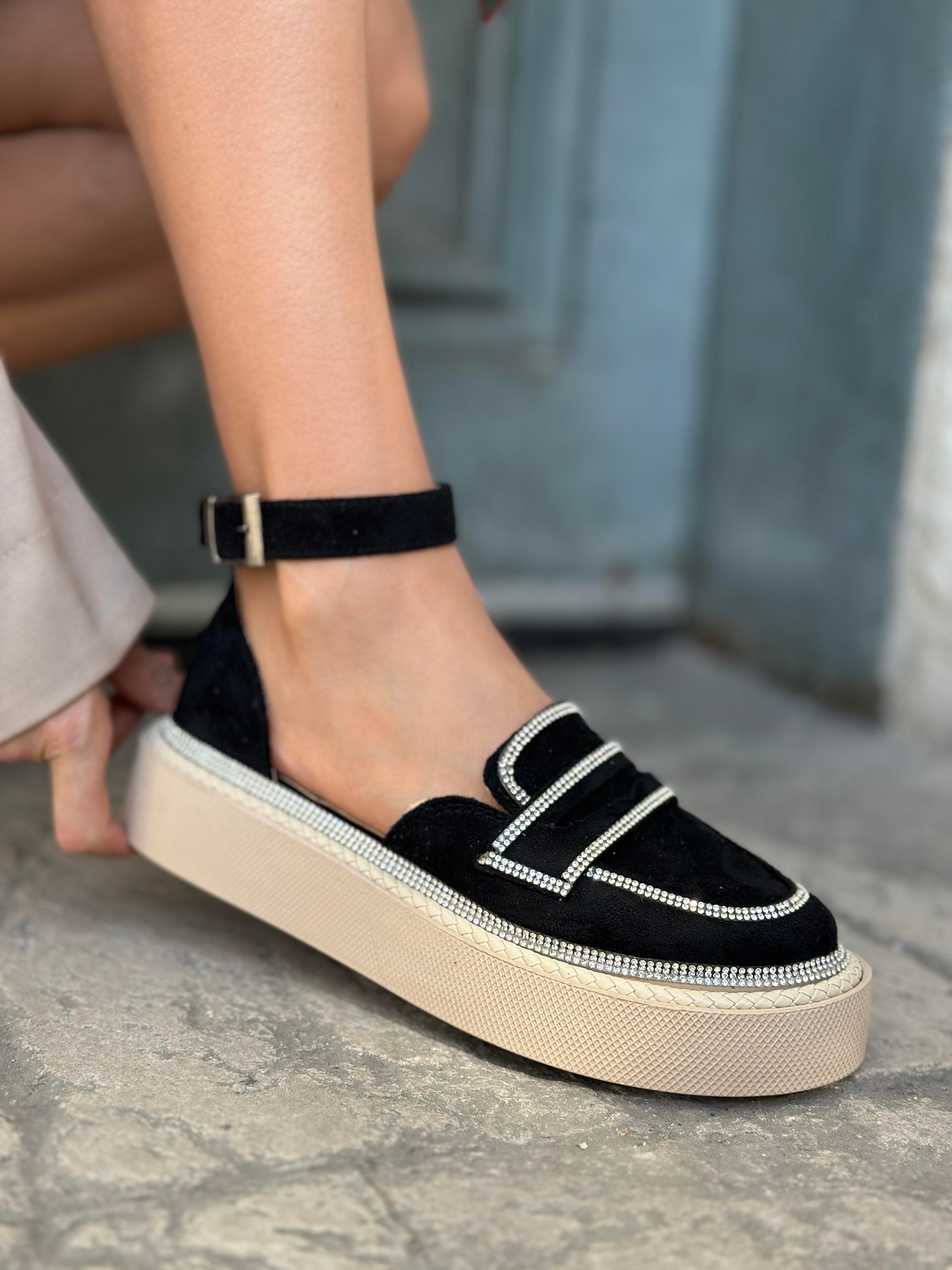 Jaz Kristal Taşlı Özel Tasarım Süet Loafer Siyah - WOMAN SHOES