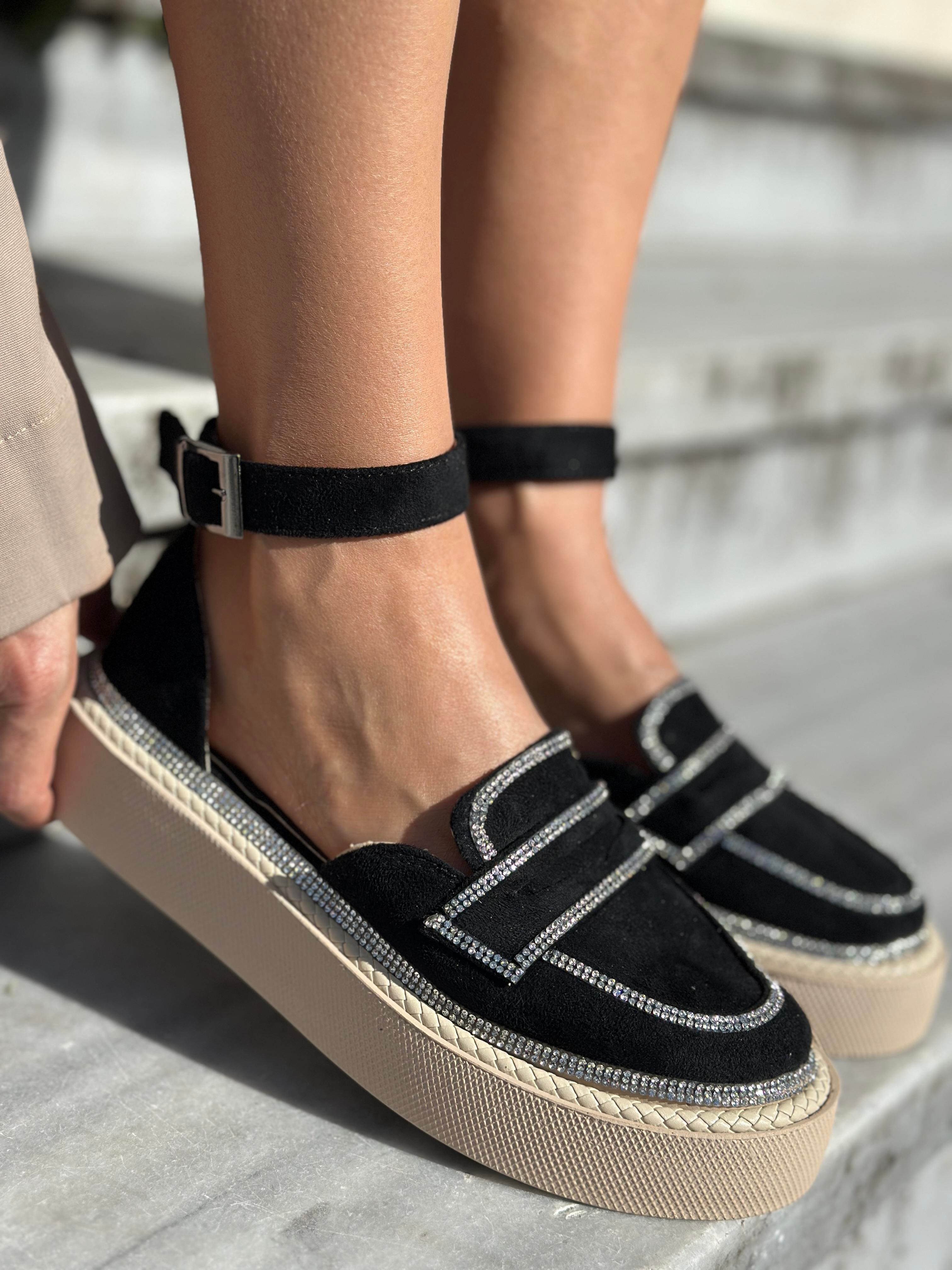 Jaz Kristal Taşlı Özel Tasarım Süet Loafer Siyah - WOMAN SHOES