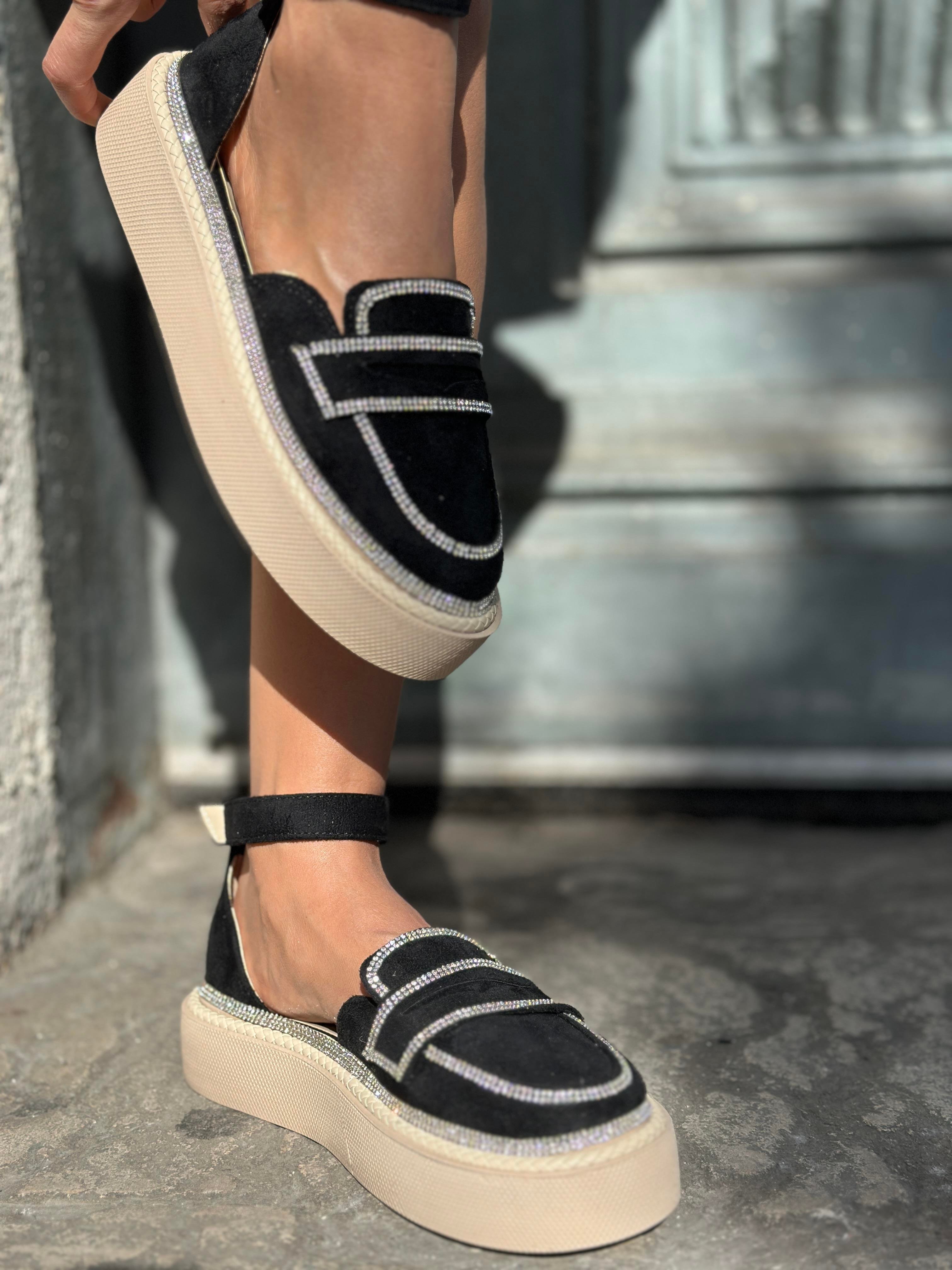 Jaz Kristal Taşlı Özel Tasarım Süet Loafer Siyah - WOMAN SHOES