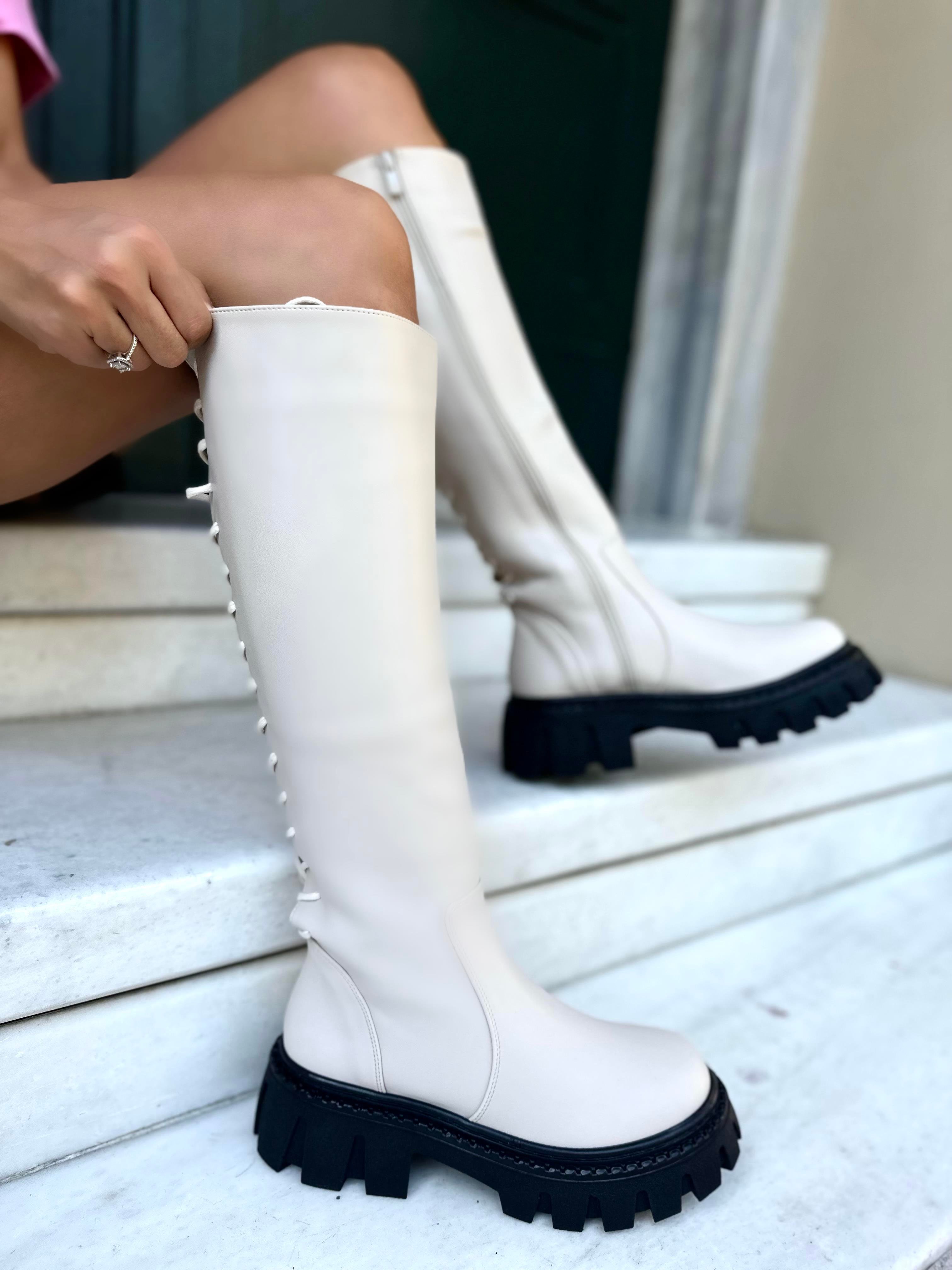 Jenna Deri Çizme Beyaz - WOMAN SHOES