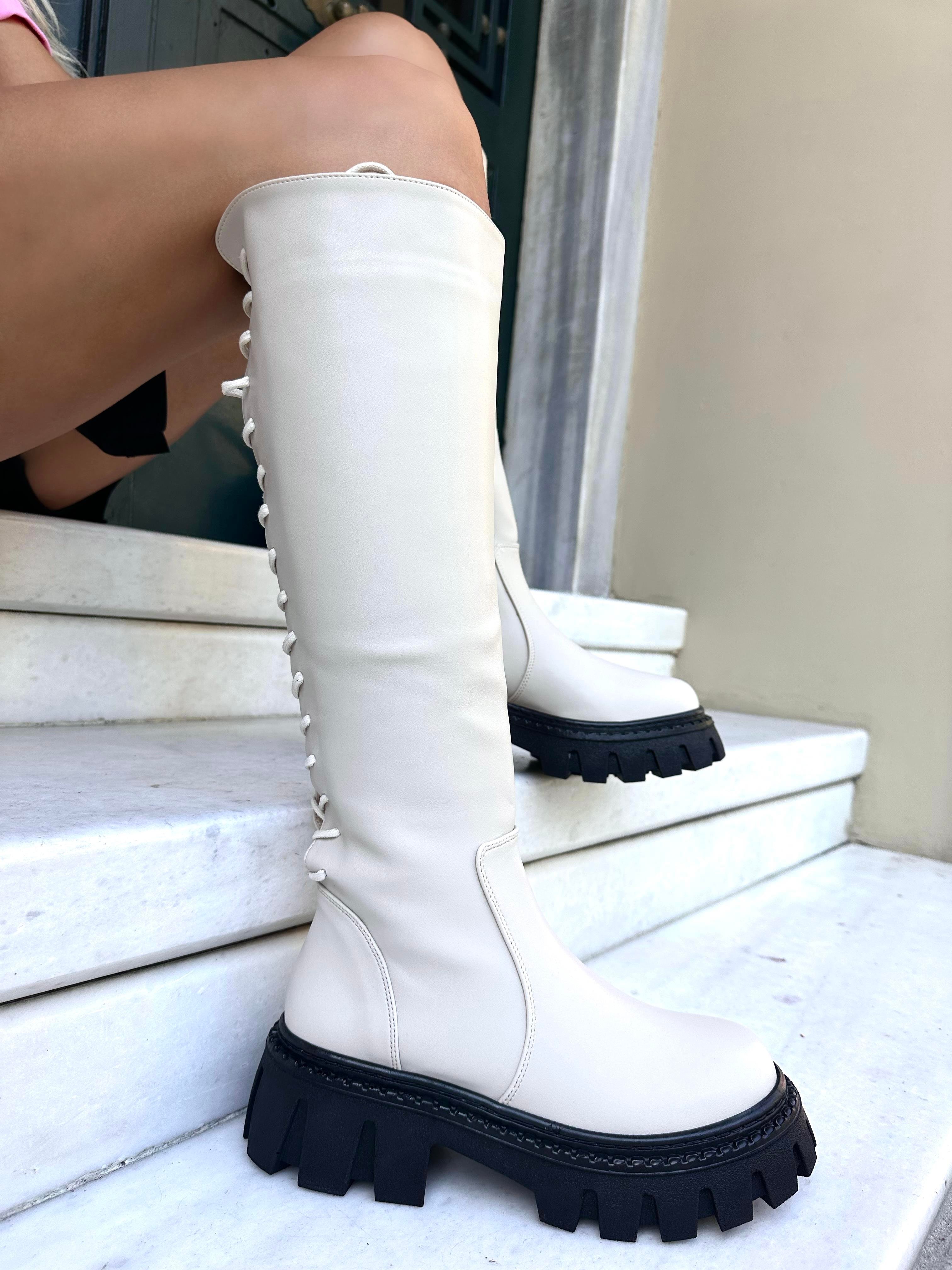 Jenna Deri Çizme Beyaz - WOMAN SHOES