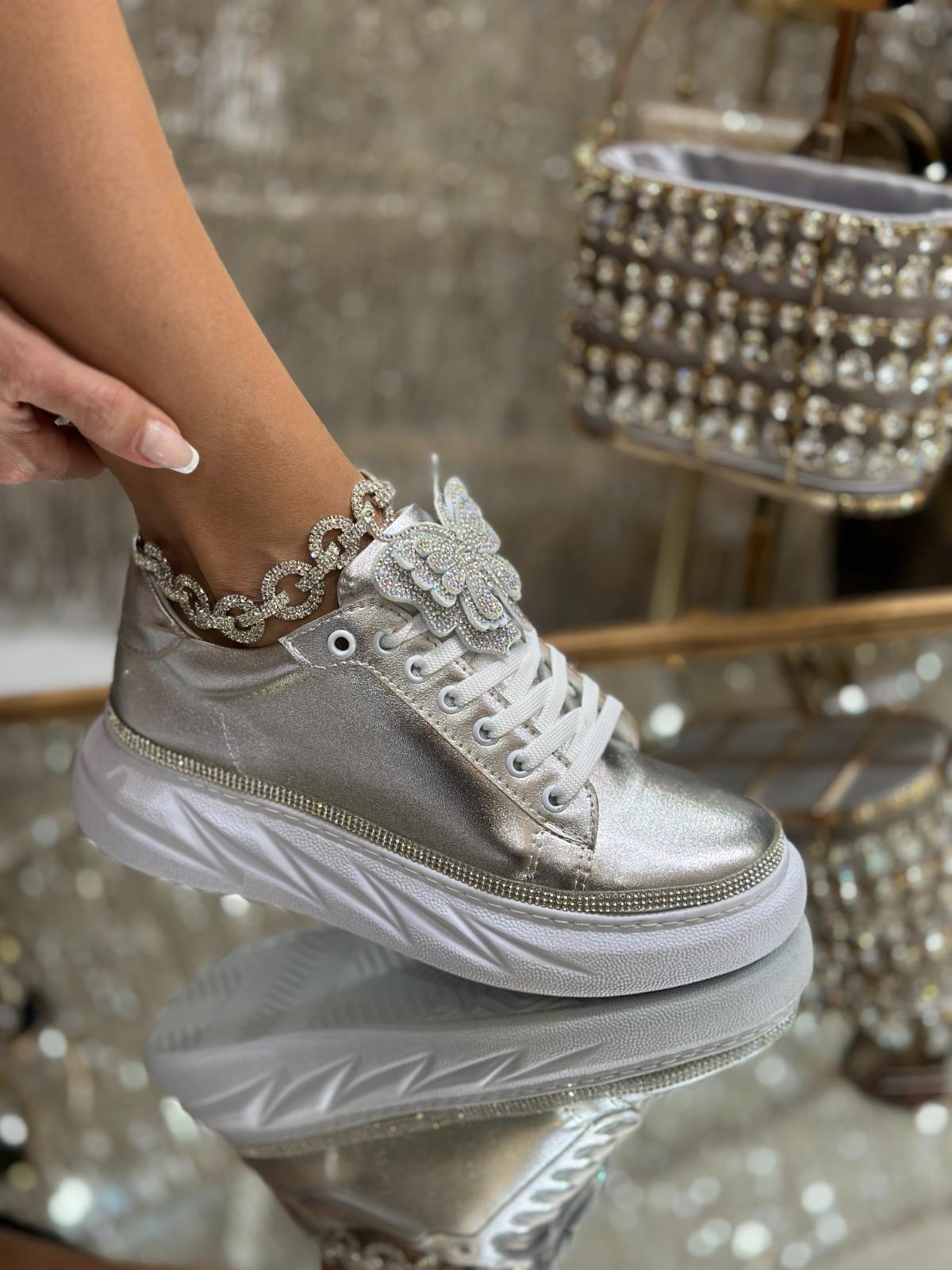 Joly Kristal Taşlı Özel Tasarım Spor Ayakkabı Gümüş - KADIN AYAKKABI