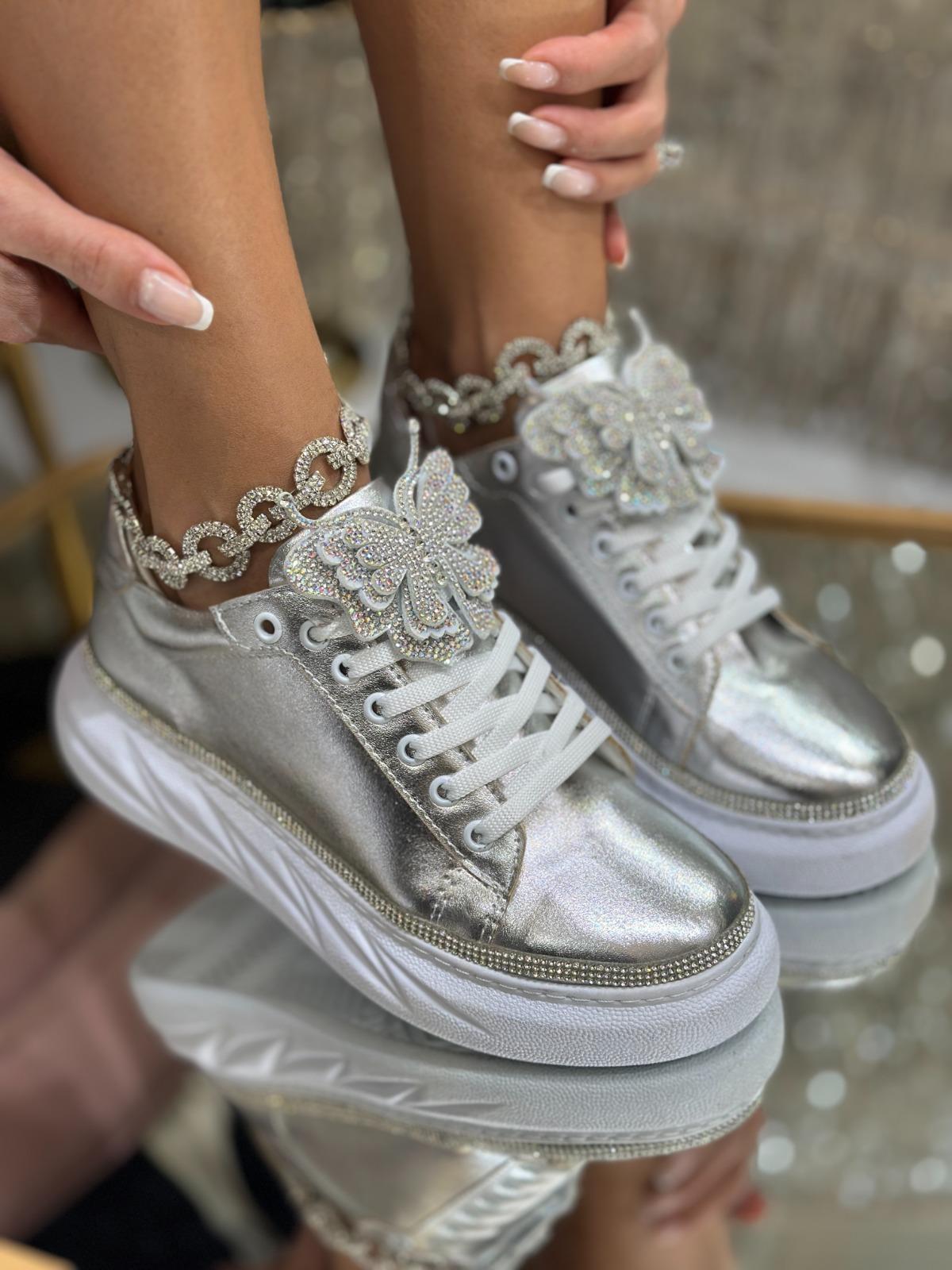 Joly Kristal Taşlı Özel Tasarım Spor Ayakkabı Gümüş - KADIN AYAKKABI