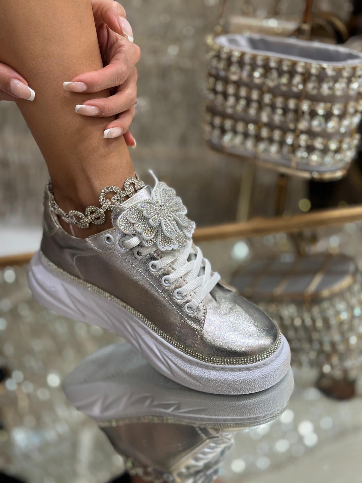 Joly Kristal Taşlı Özel Tasarım Spor Ayakkabı Gümüş - KADIN AYAKKABI